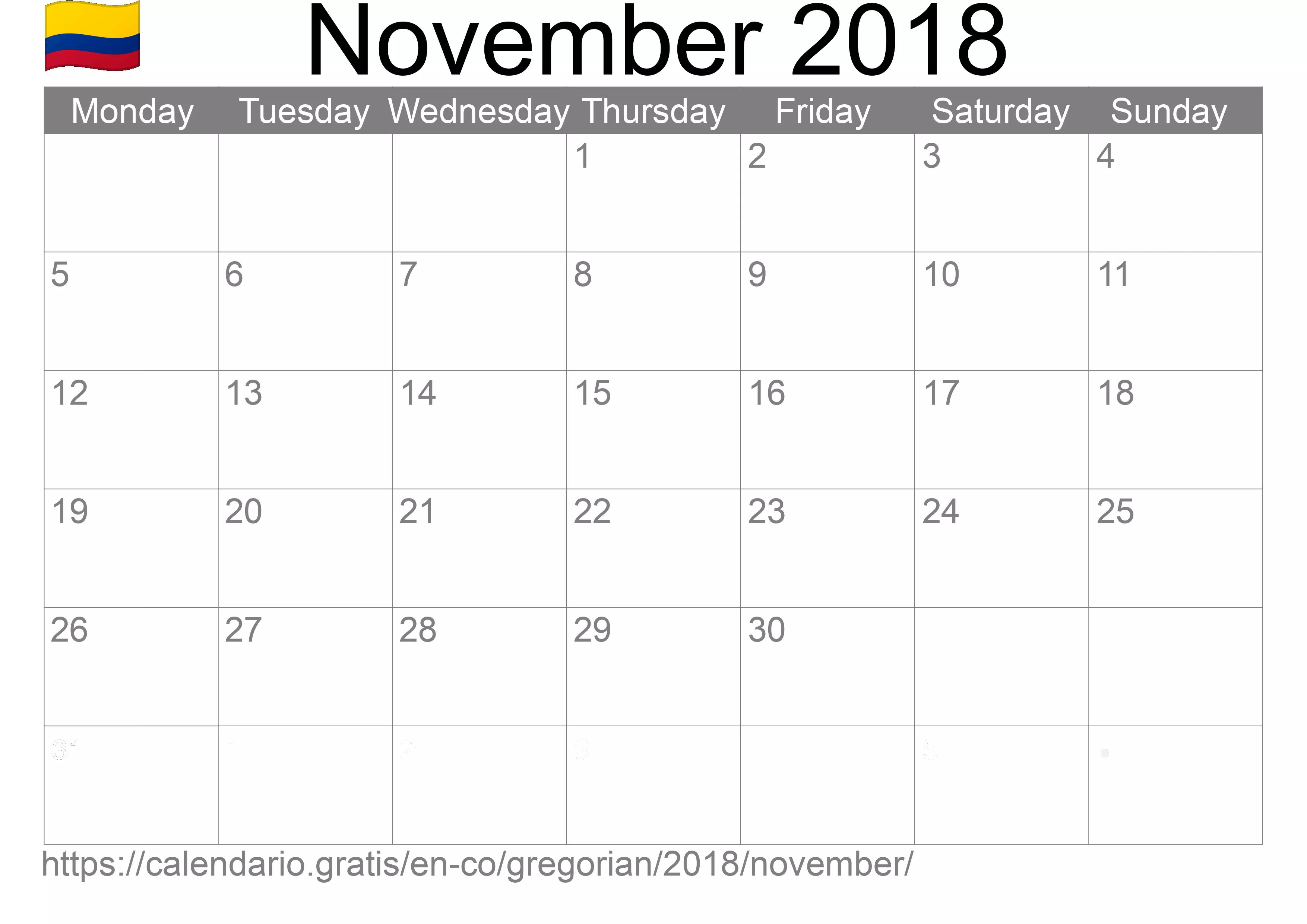 Calendar November 2018 to print (Colombia) Calendar November 2018 to print (Colombia)