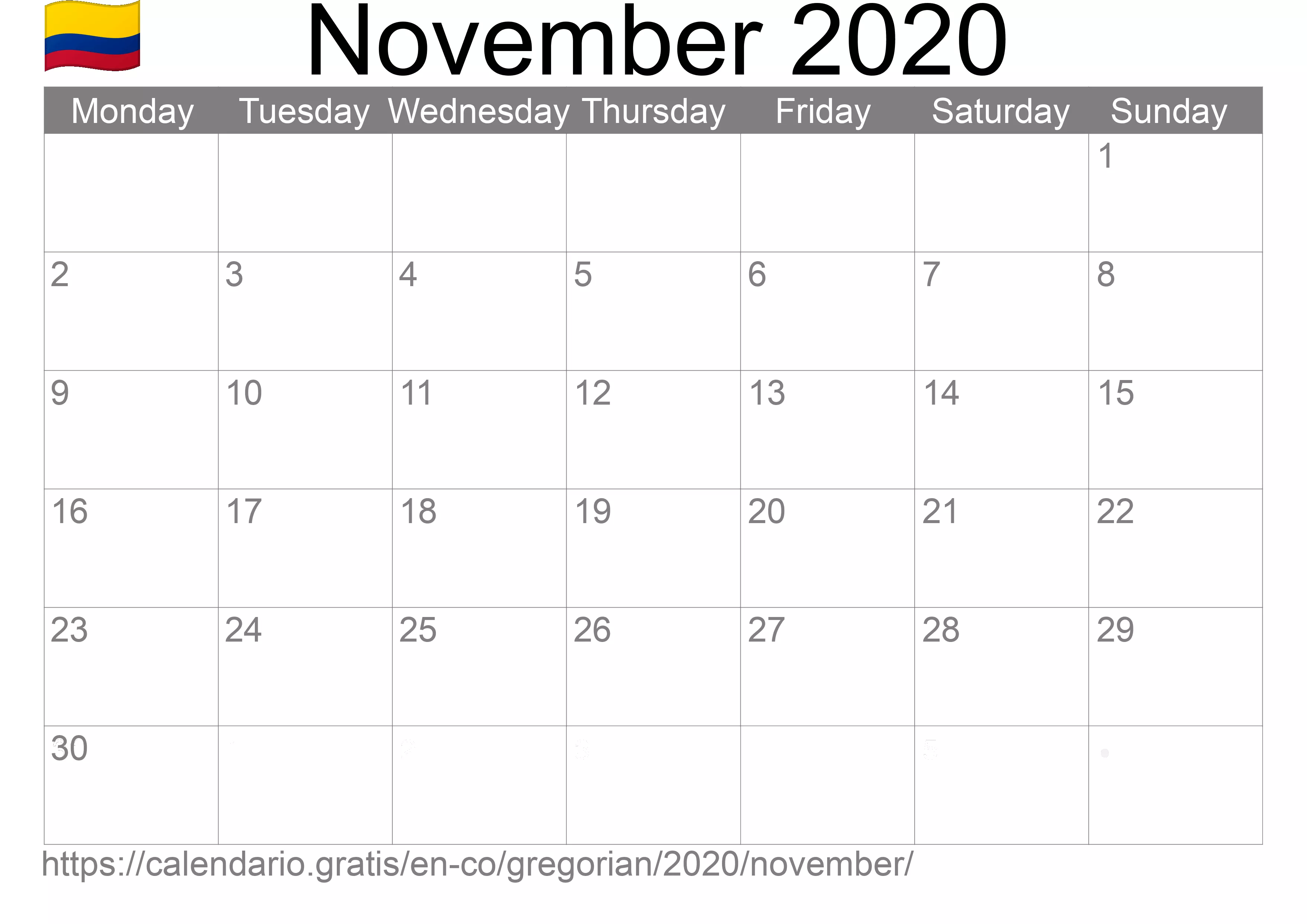 Calendar November 2020 to print (Colombia)