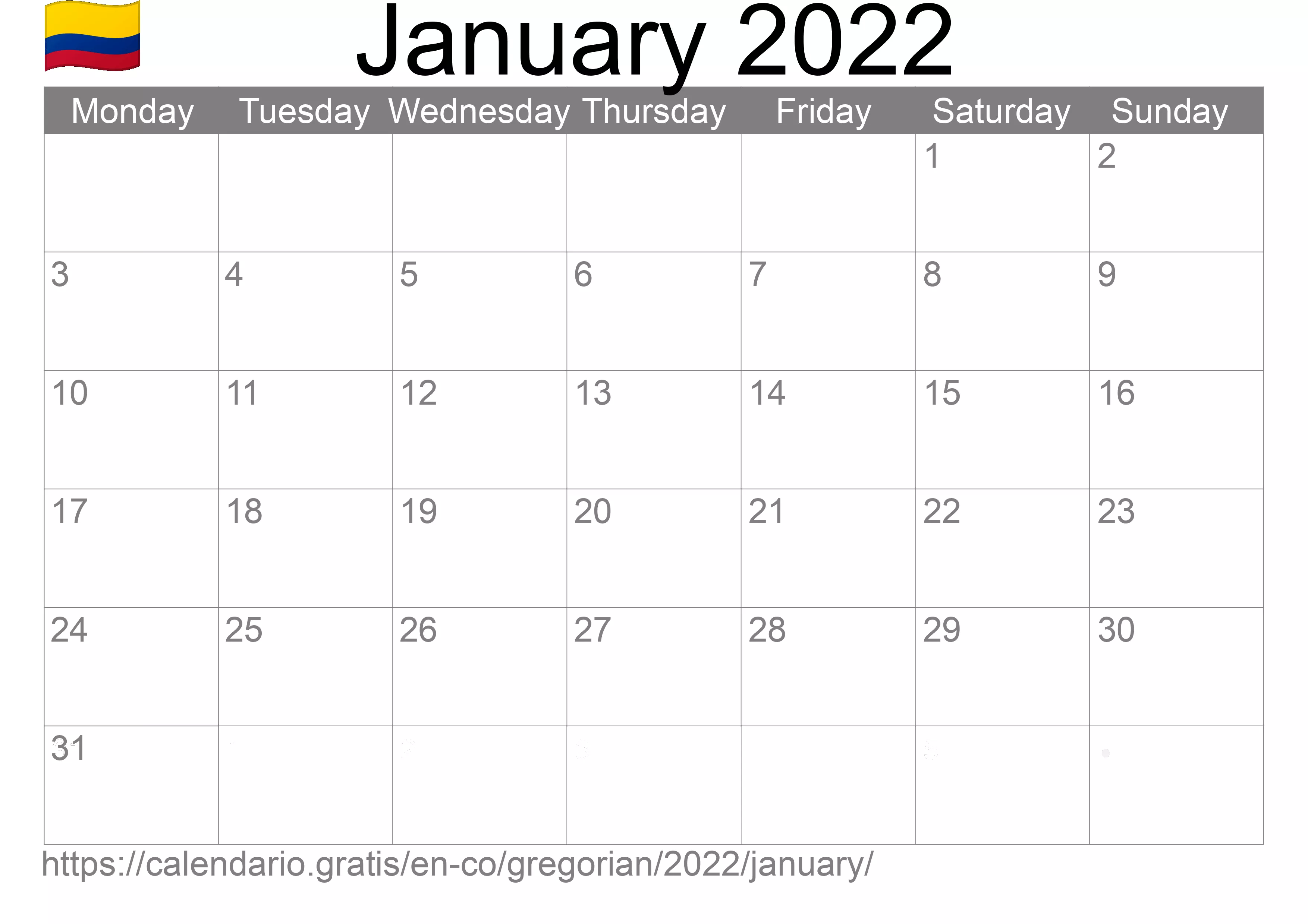 Calendar January 2022 to print (Colombia) Calendar January 2022 to print (Colombia)