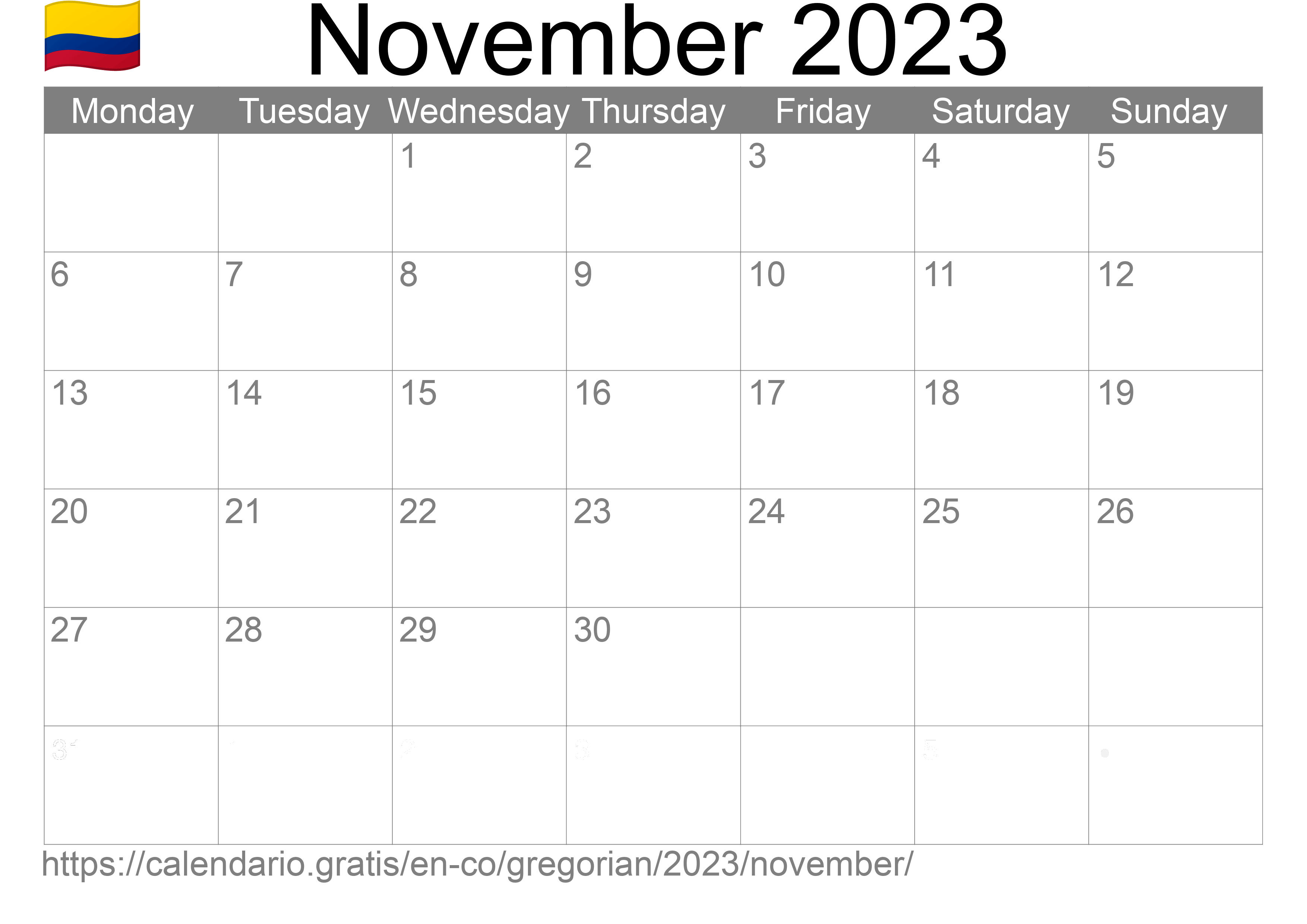 Calendar November 2023 to print