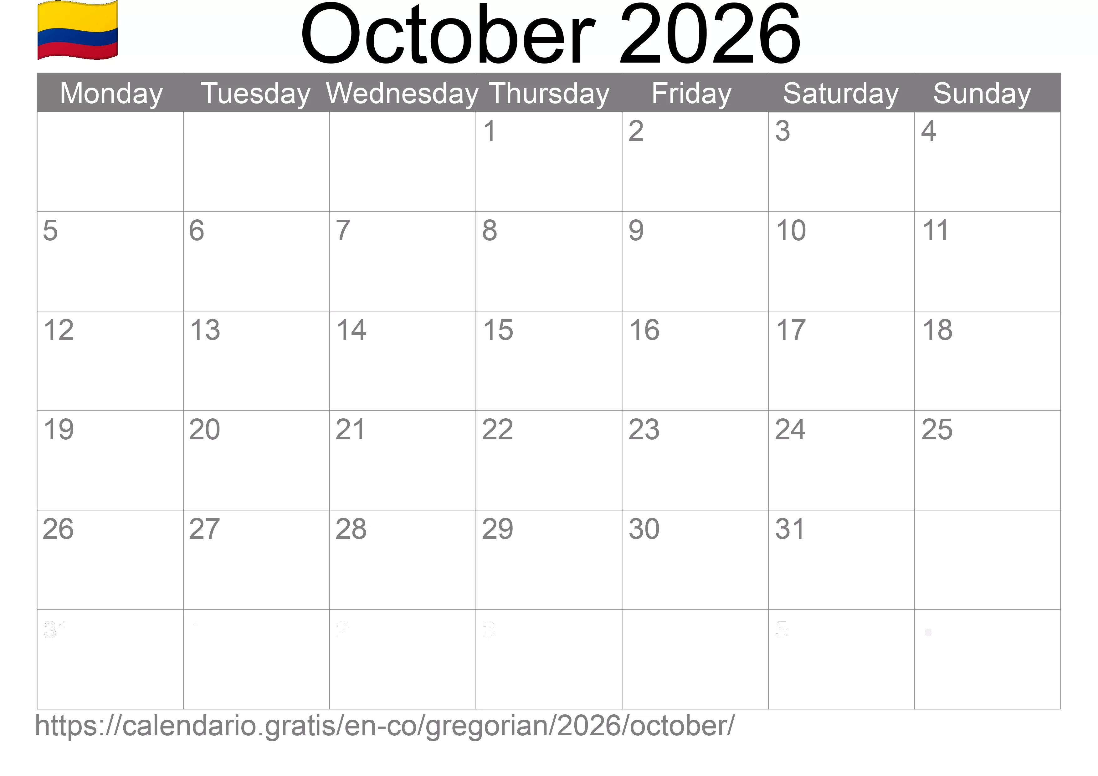 Calendar October 2026 to print (Colombia)