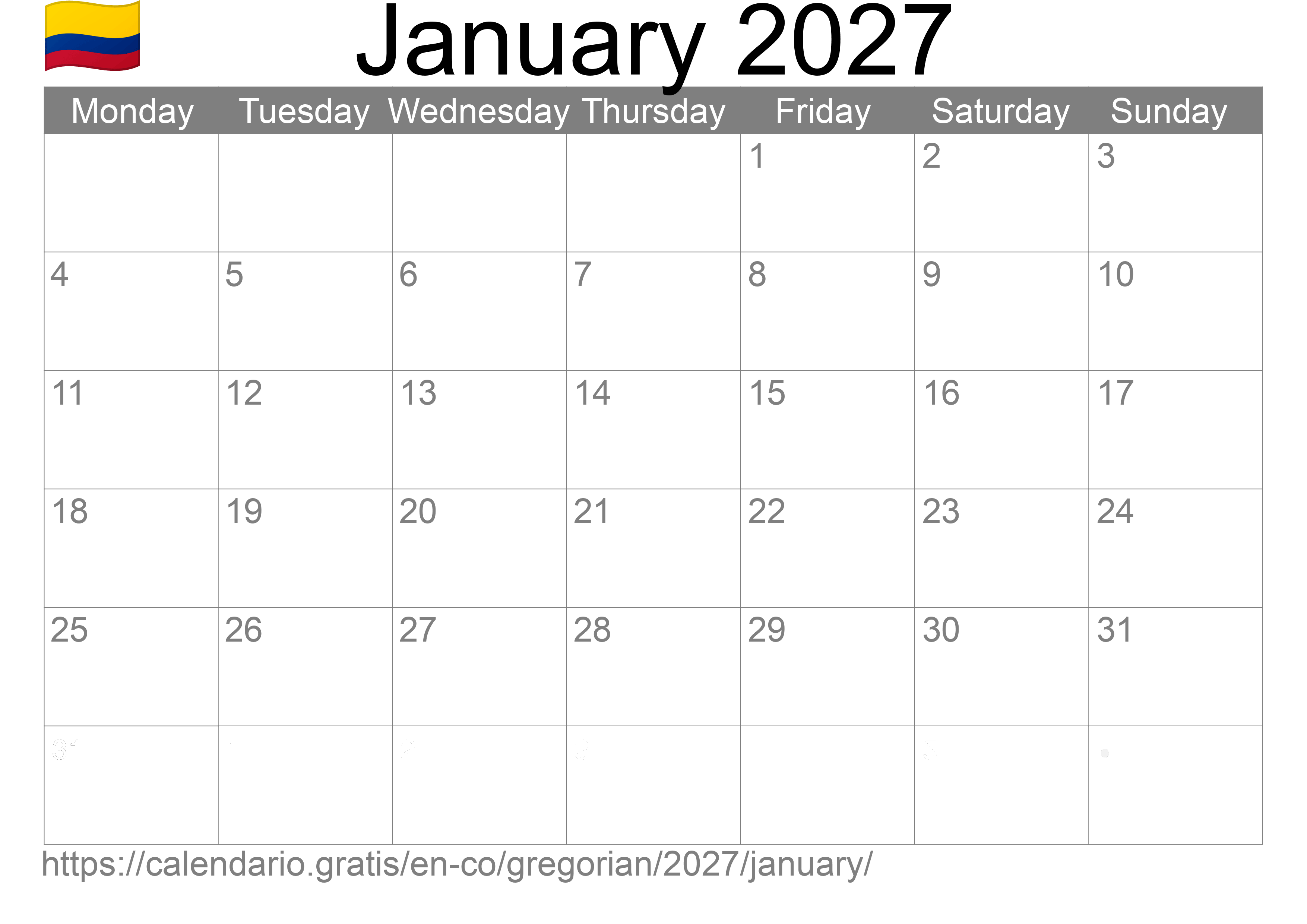 Calendar January 2027 to print