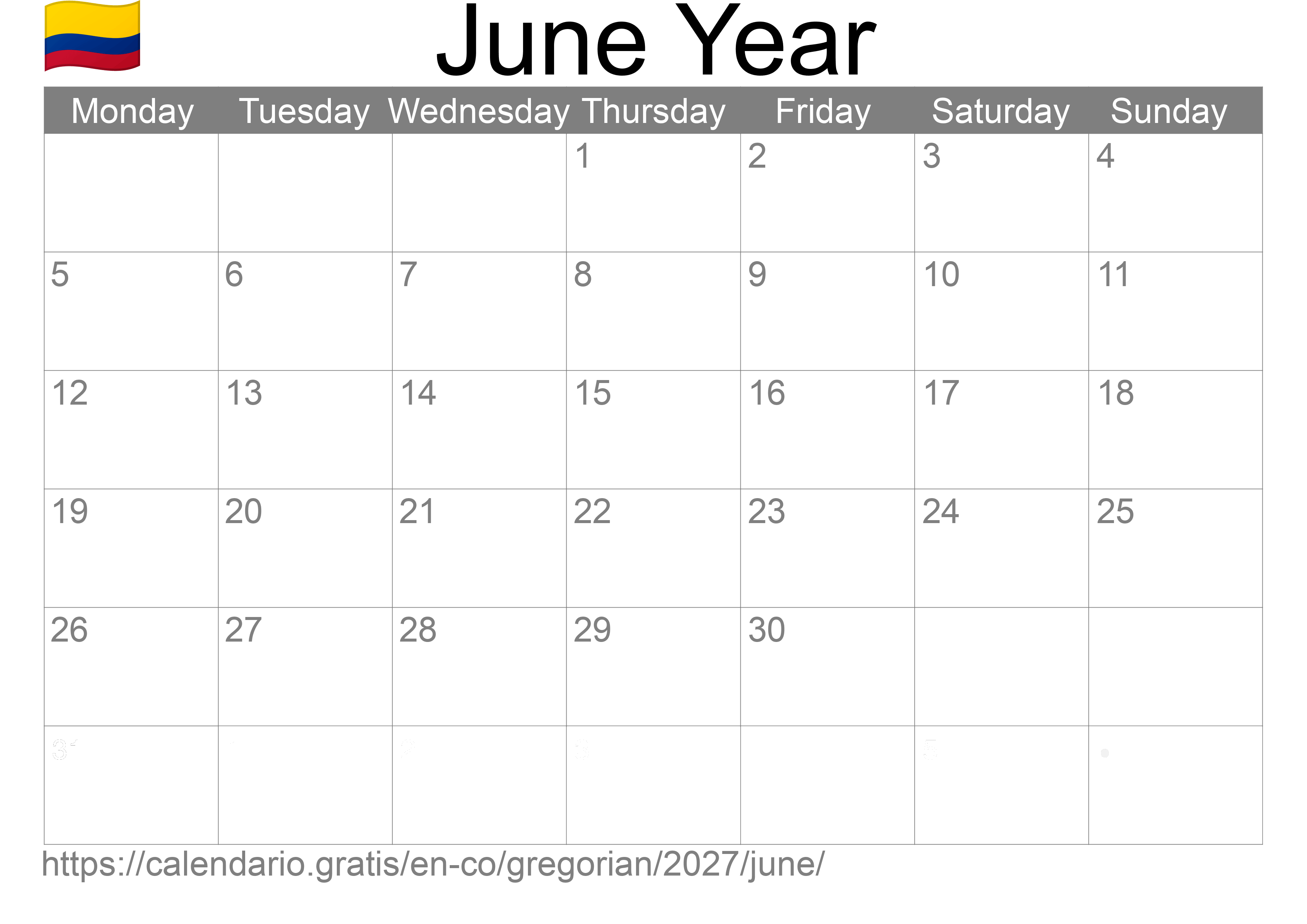 Calendar June 2027 to print