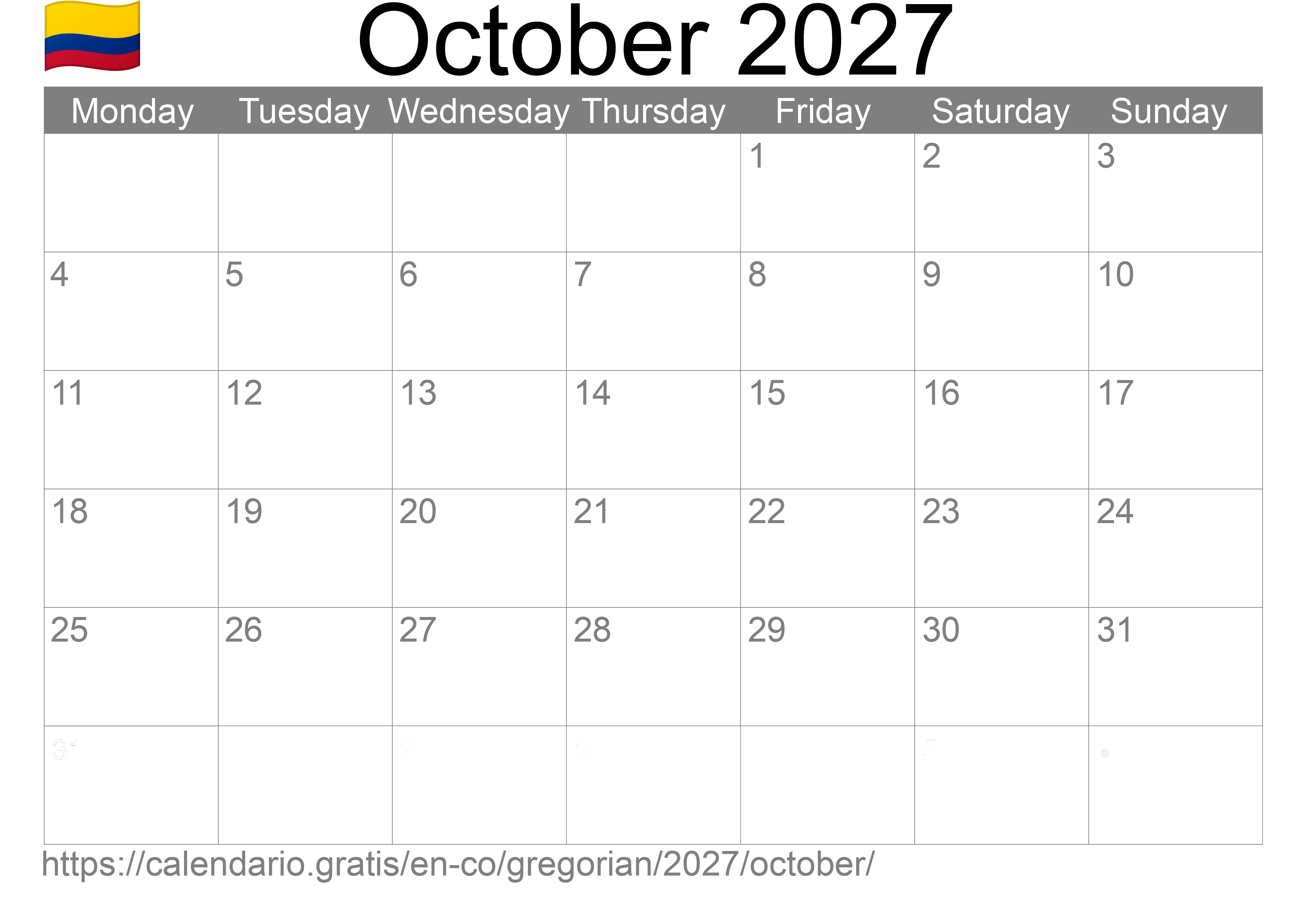 Calendar October 2027 to print