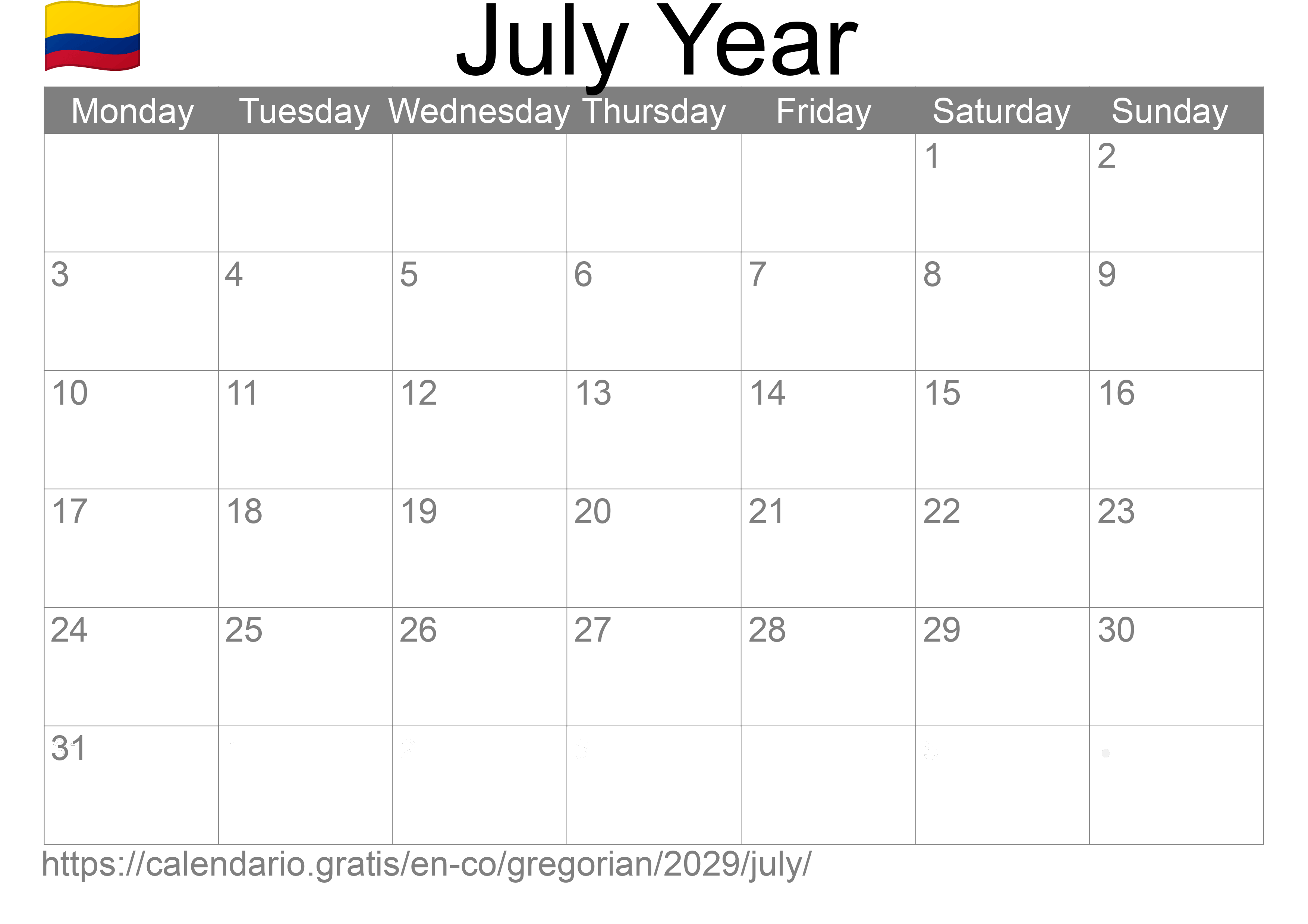 Calendar July 2029 to print