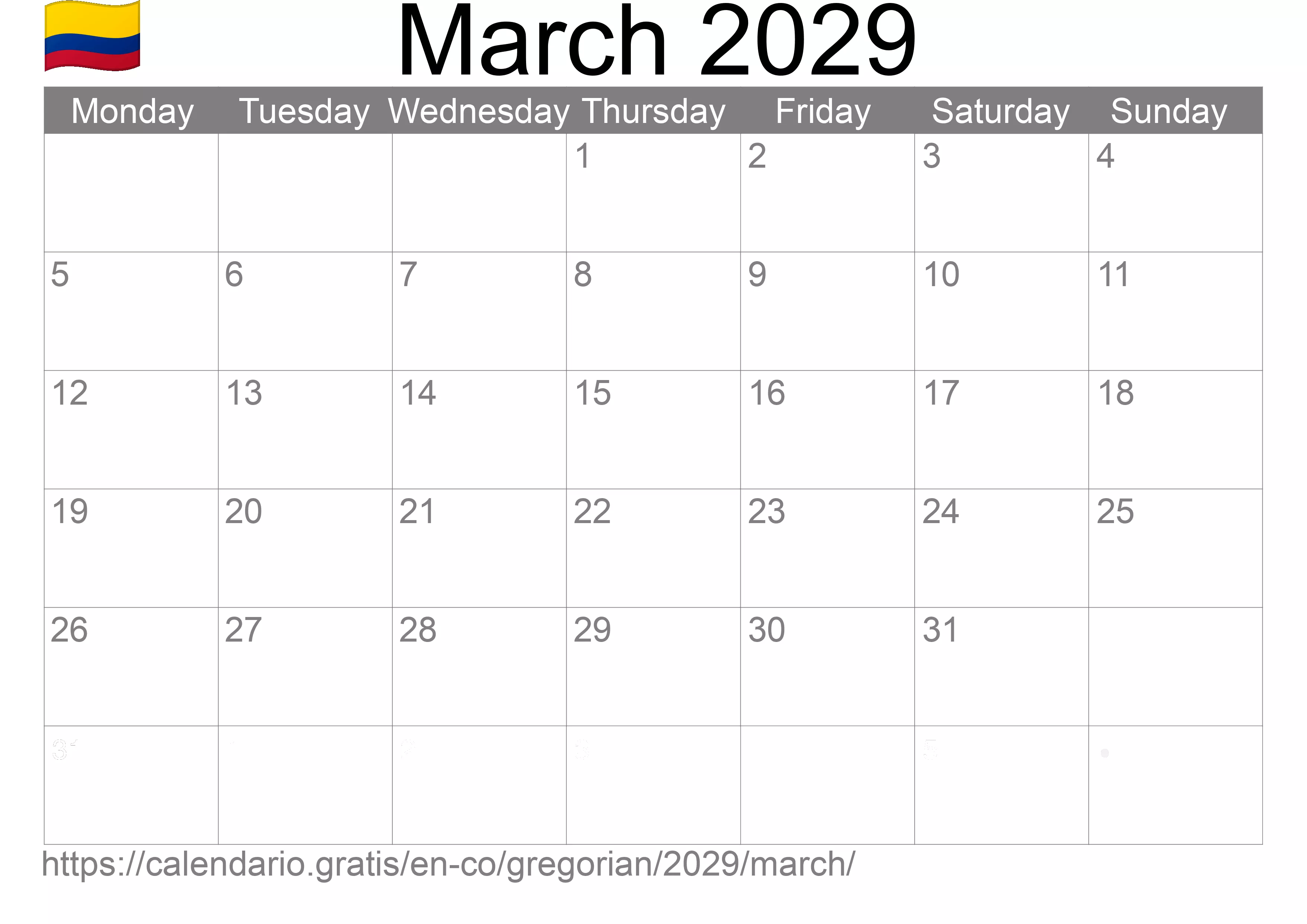 Calendar March 2029 to print (Colombia) Calendar March 2029 to print (Colombia)