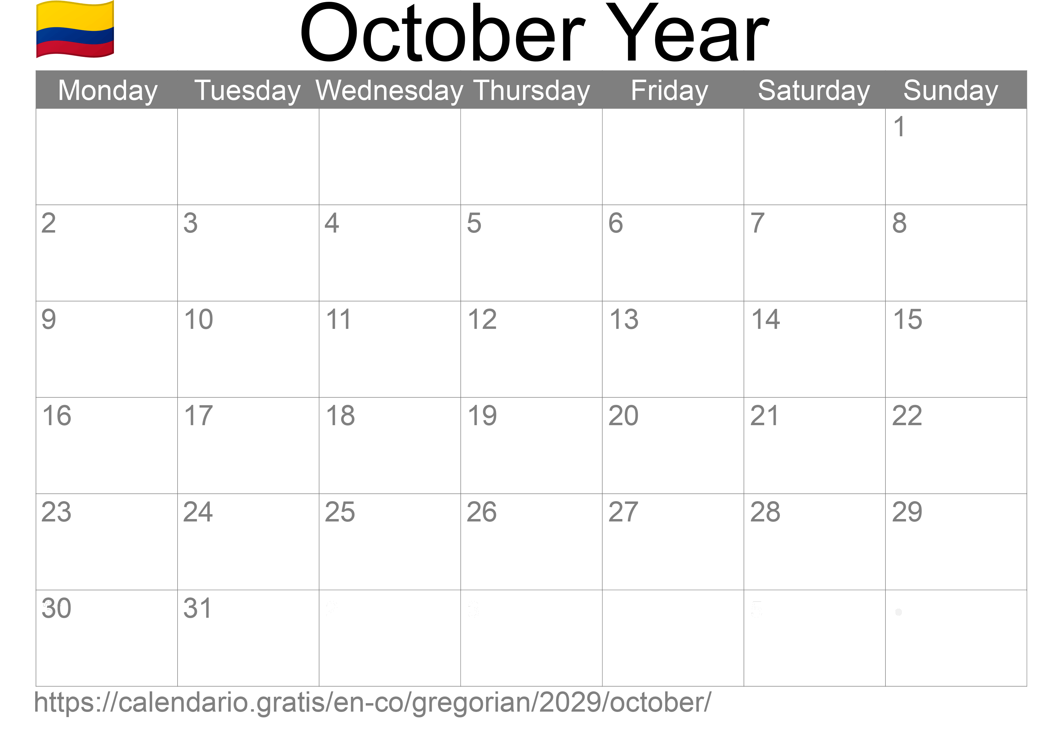 Calendar October 2029 to print