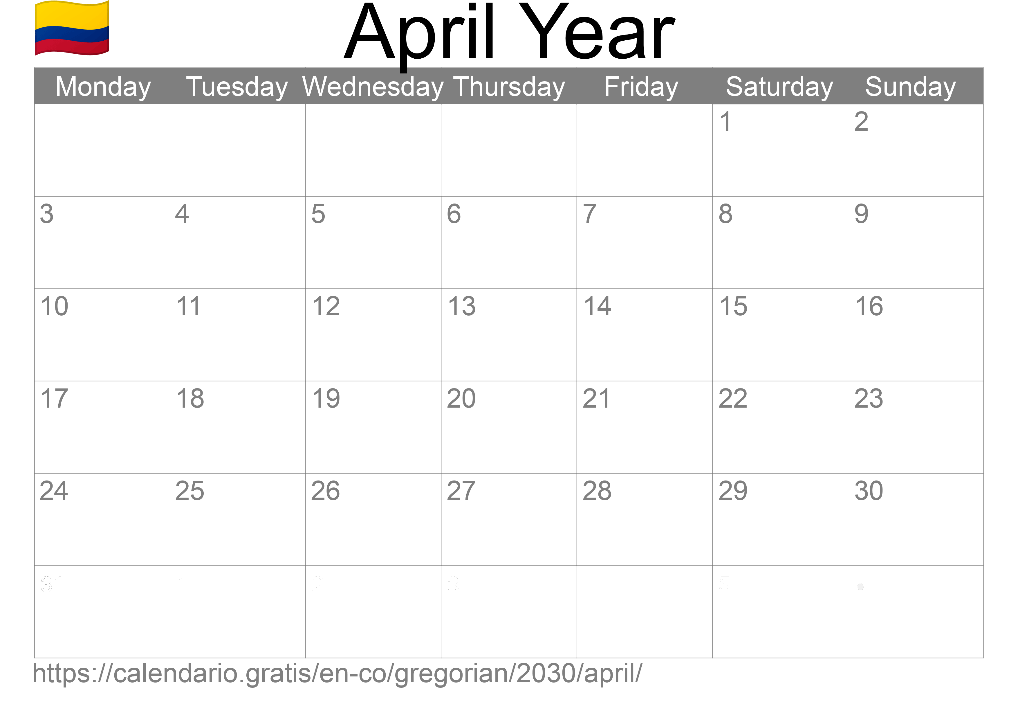 Calendar April 2030 to print