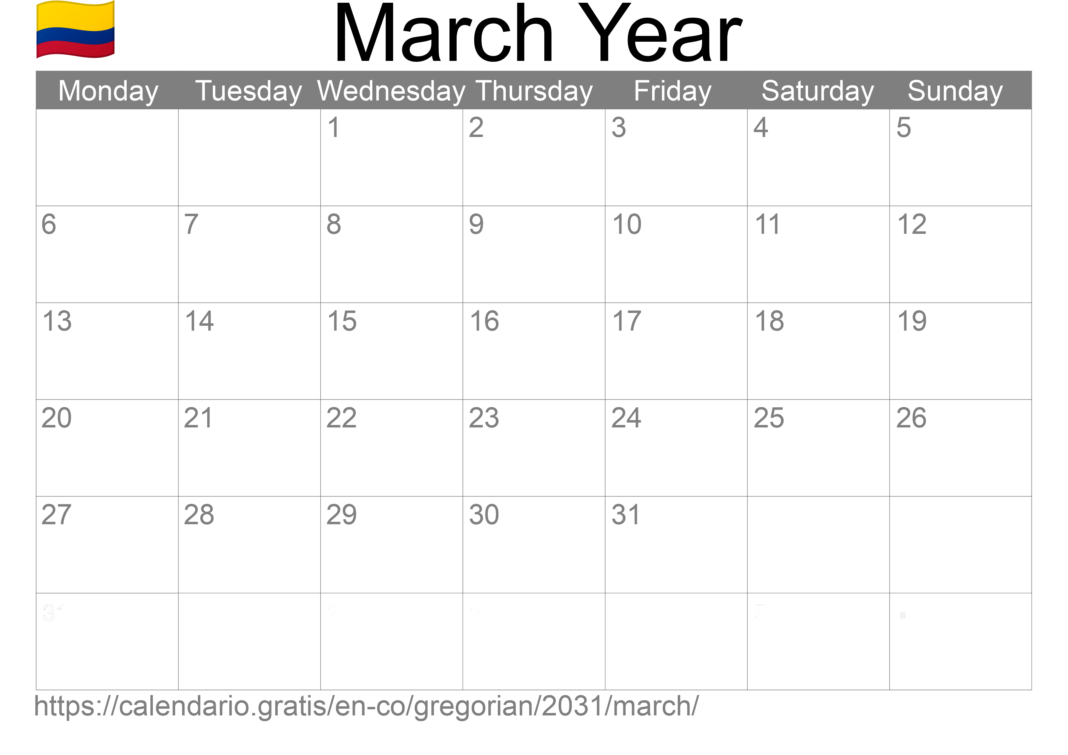 Calendar March 2031 to print