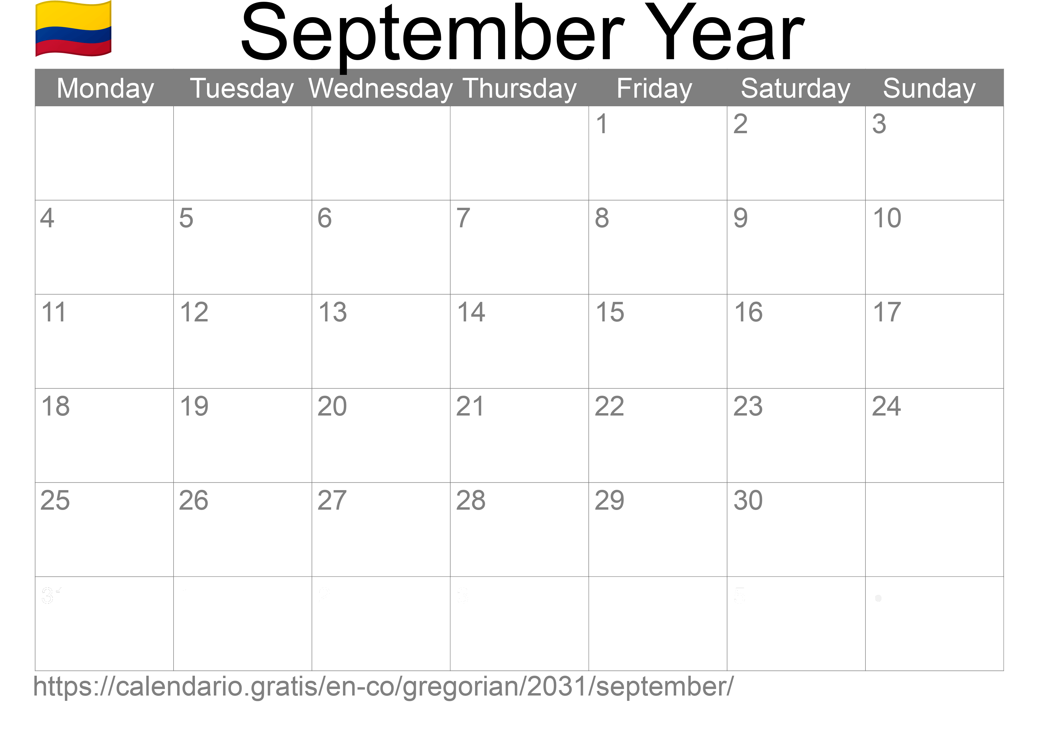 Calendar September 2031 to print