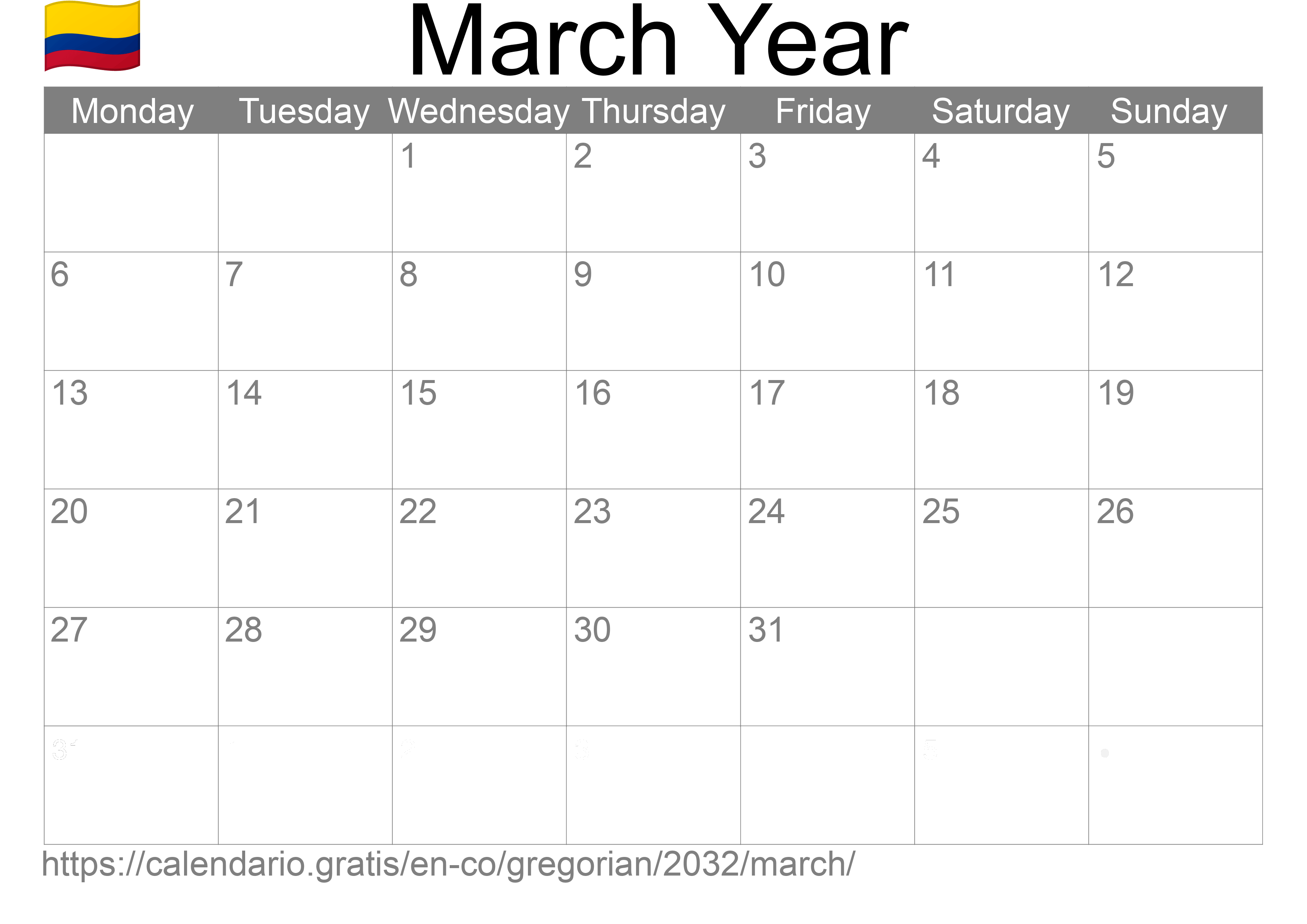 Calendar March 2032 to print