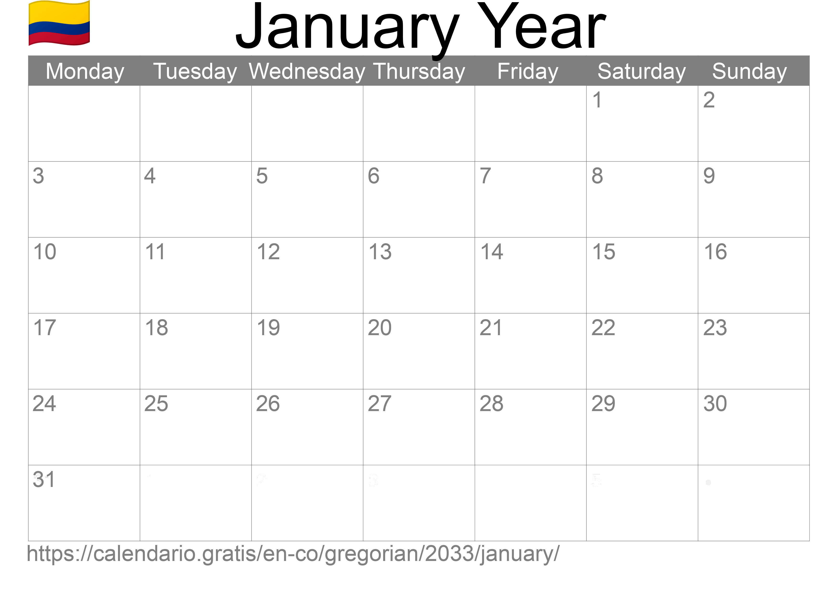 Calendar January 2033 to print