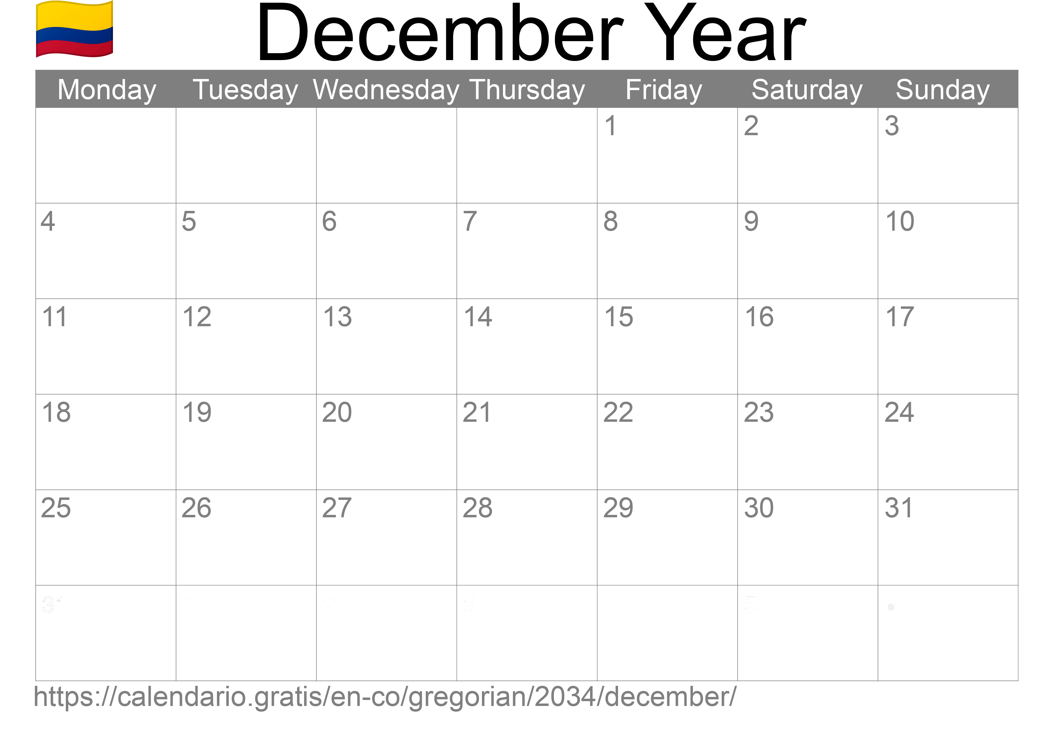 Calendar December 2034 to print