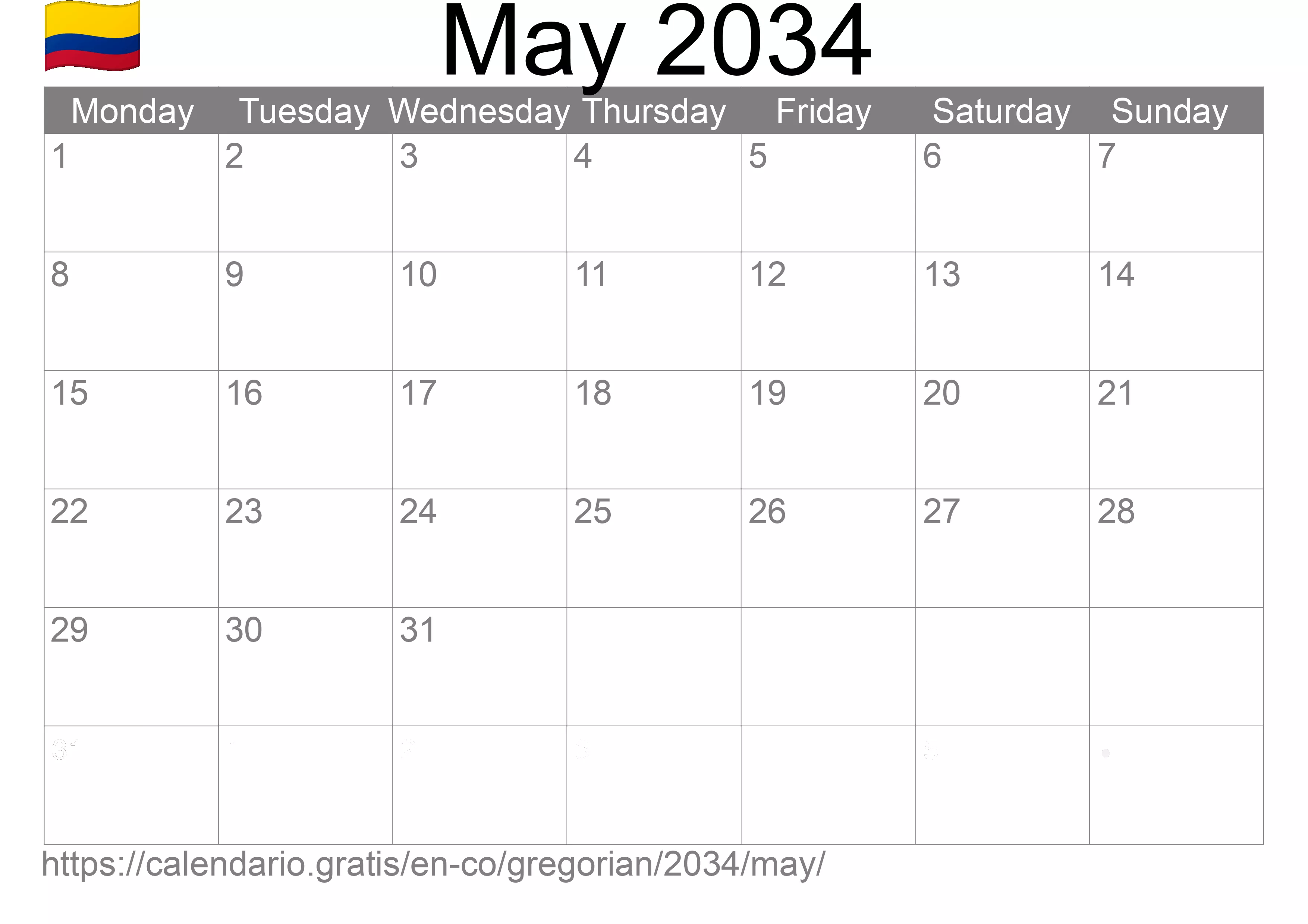Calendar May 2034 to print (Colombia)