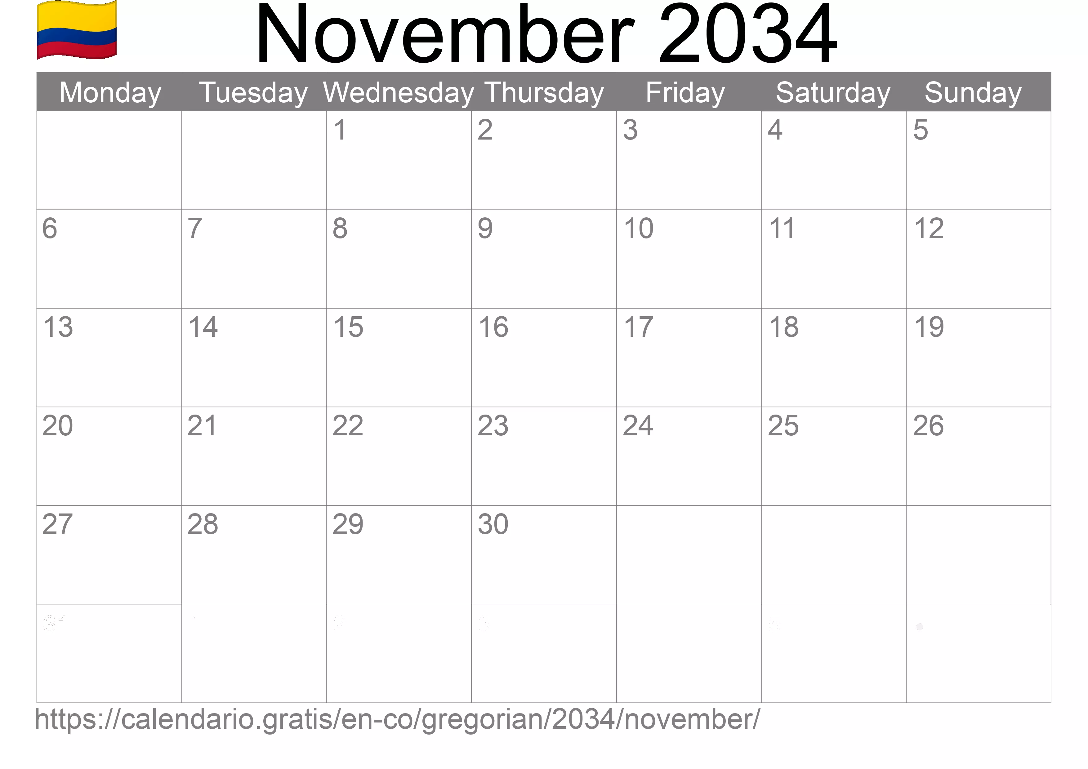 Calendar November 2034 to print (Colombia)