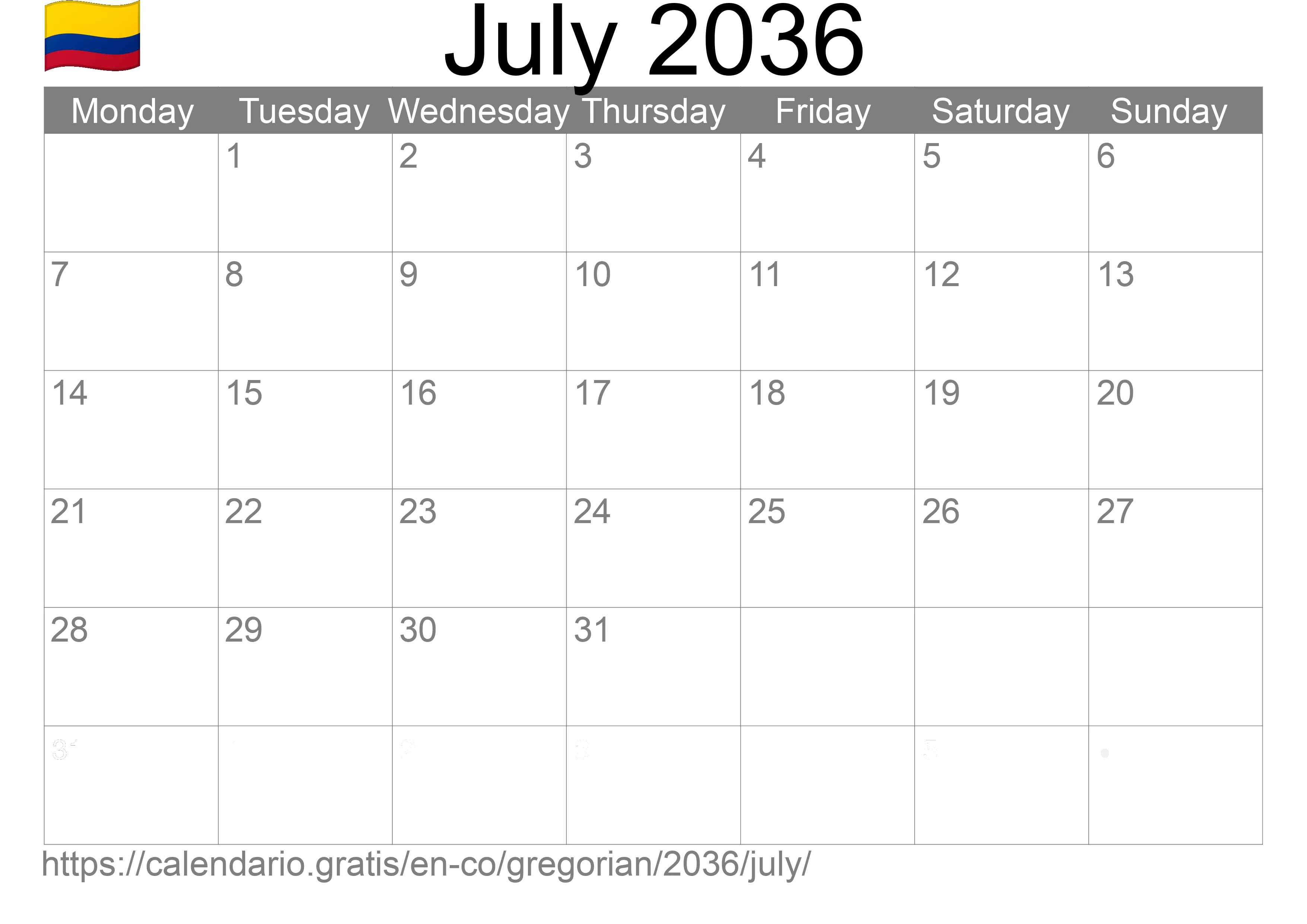 Calendar July 2036 to print (Colombia)