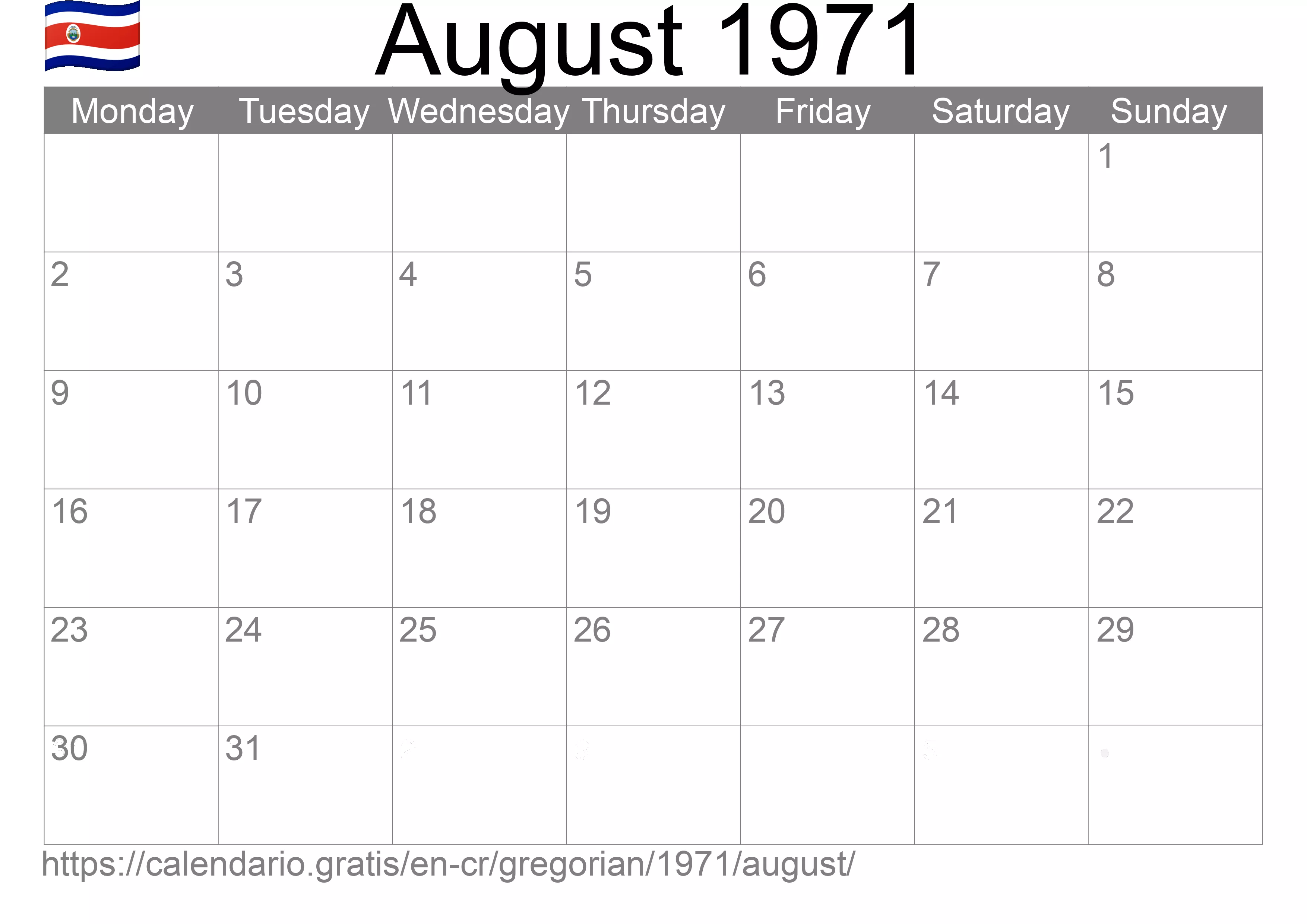 Calendar August 1971 to print (Costa Rica) Calendar August 1971 to print (Costa Rica)