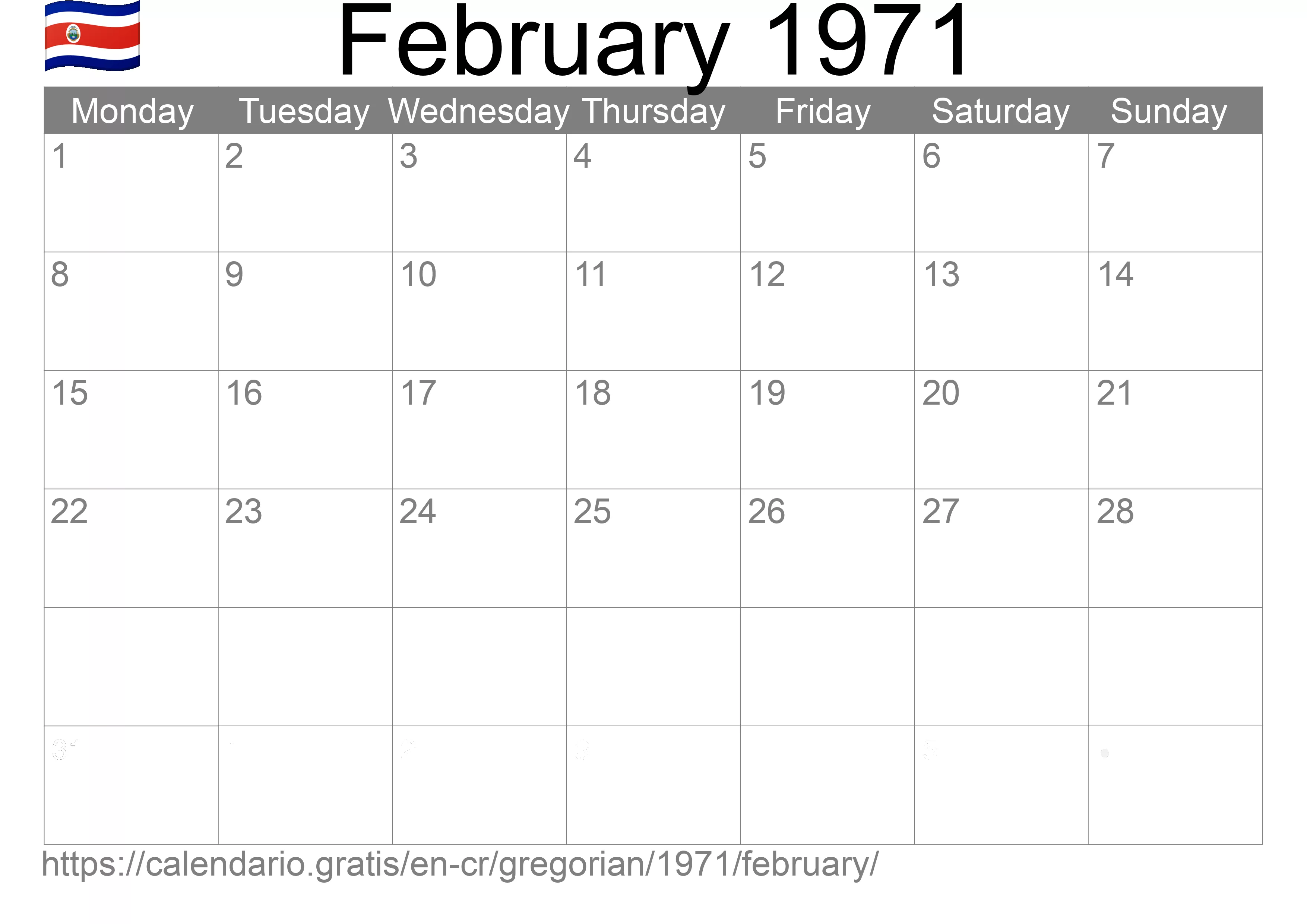 Calendar February 1971 to print (Costa Rica) Calendar February 1971 to print (Costa Rica)