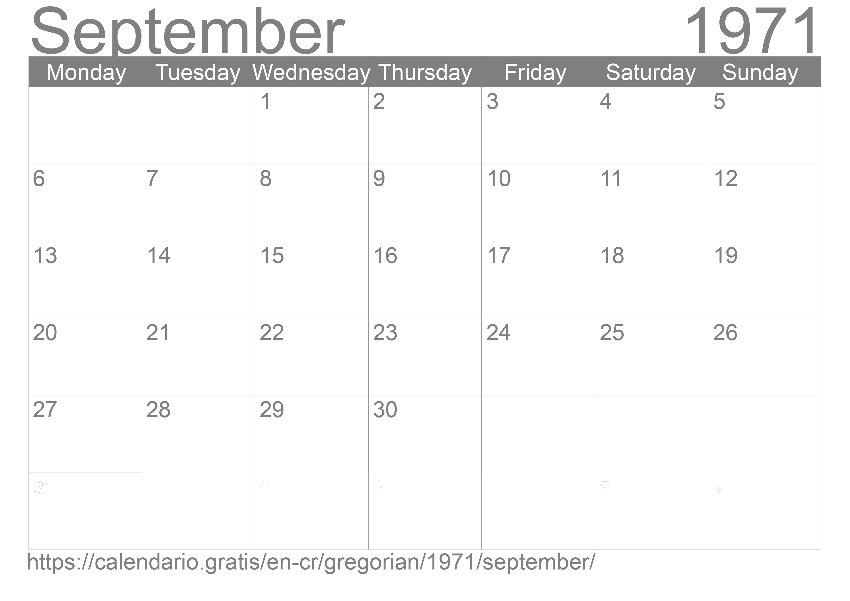 Calendar September 1971 to print