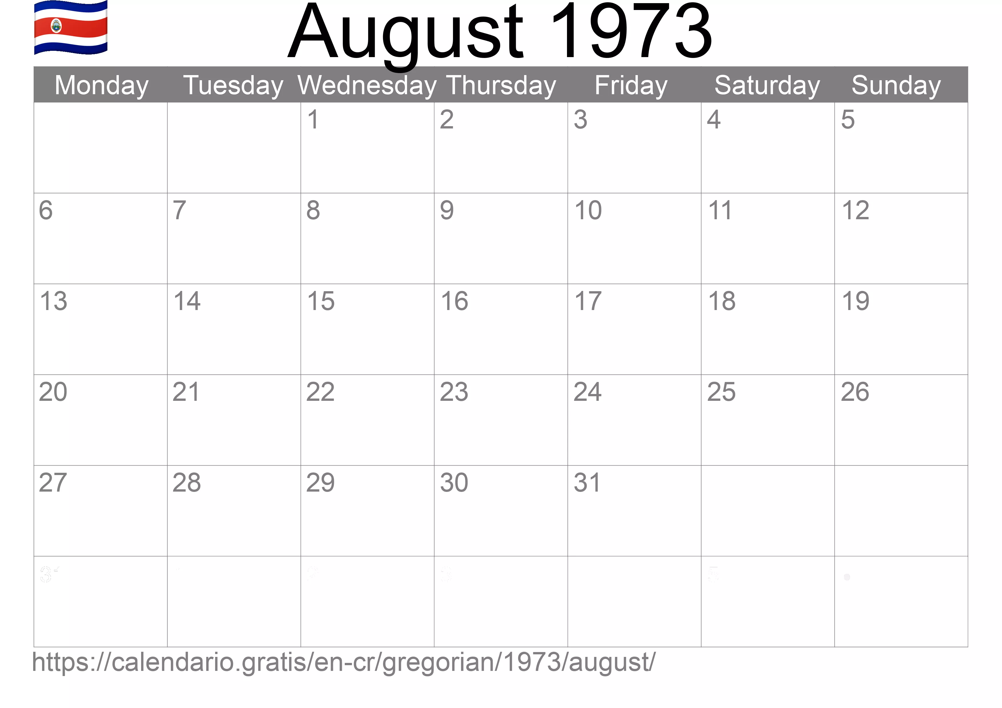 Calendar August 1973 to print (Costa Rica) Calendar August 1973 to print (Costa Rica)