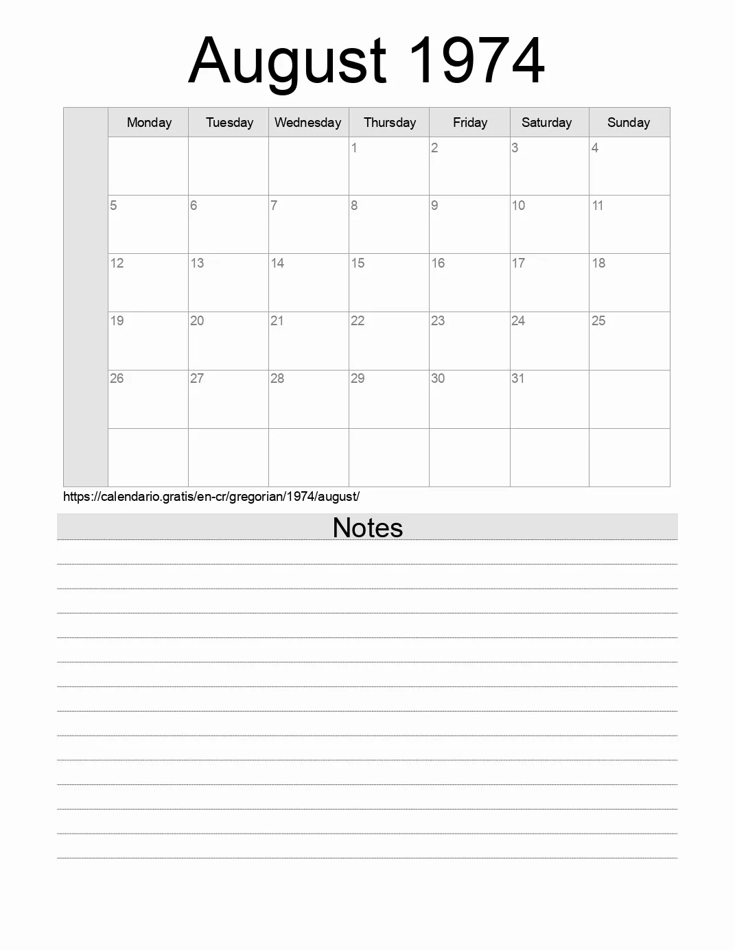 Calendar for printing with notes for 1974 August . (Costa Rica) Calendar for printing with notes for 1974 August . (Costa Rica)