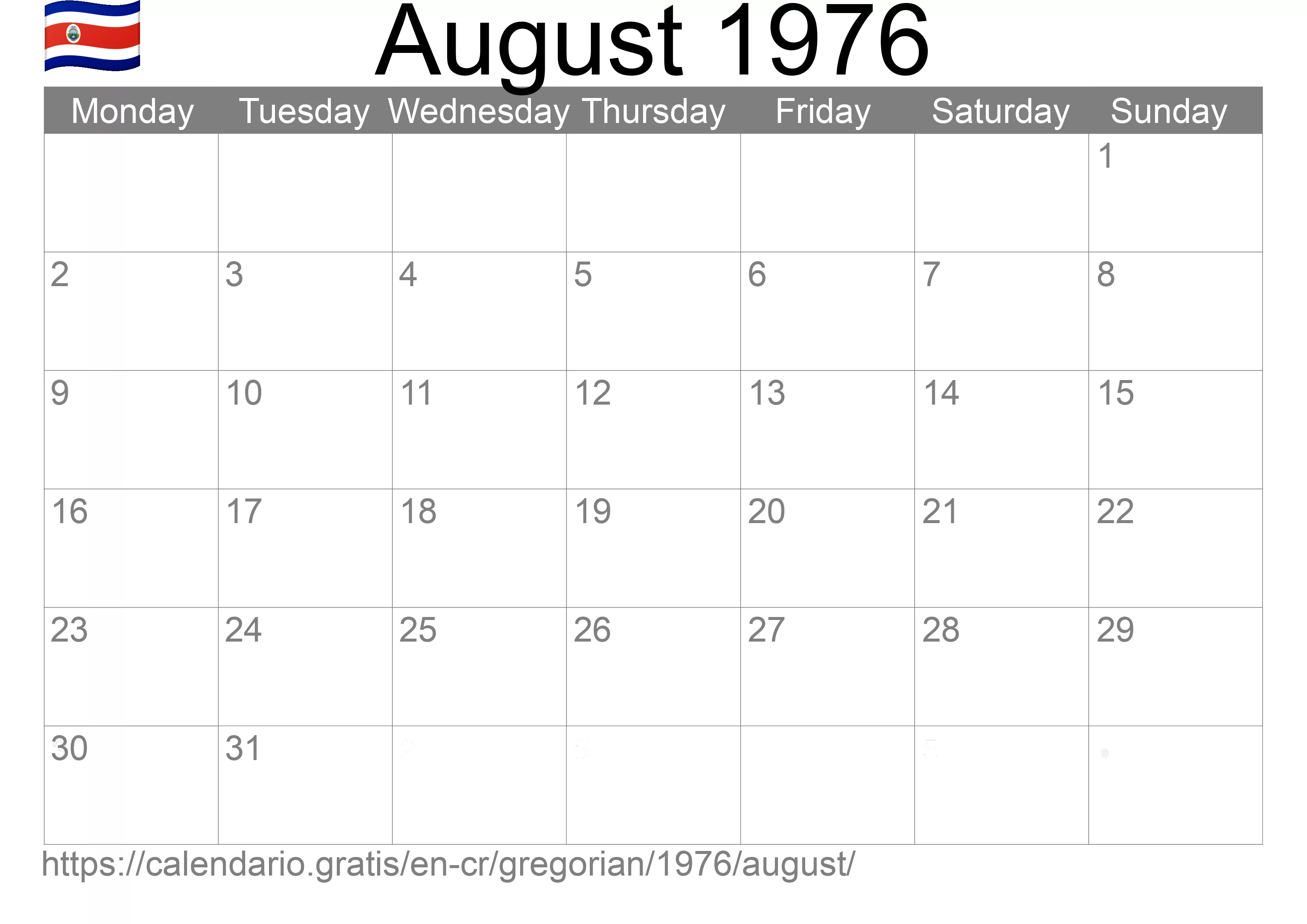 Calendar August 1976 to print (Costa Rica) Calendar August 1976 to print (Costa Rica)