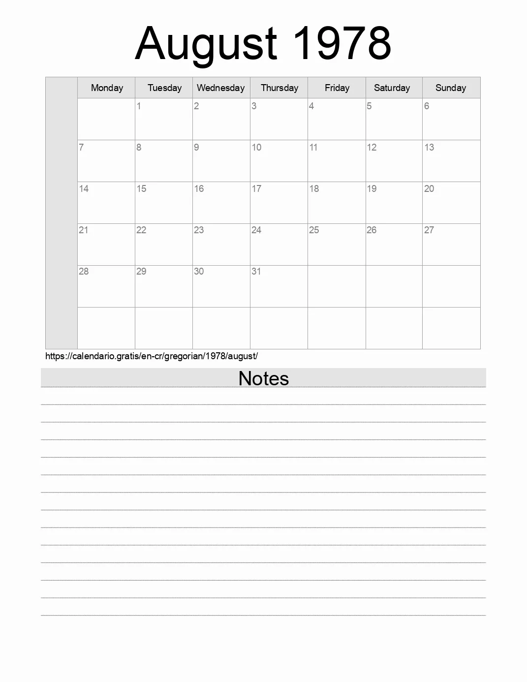 Calendar for printing with notes for 1978 August . (Costa Rica) Calendar for printing with notes for 1978 August . (Costa Rica)