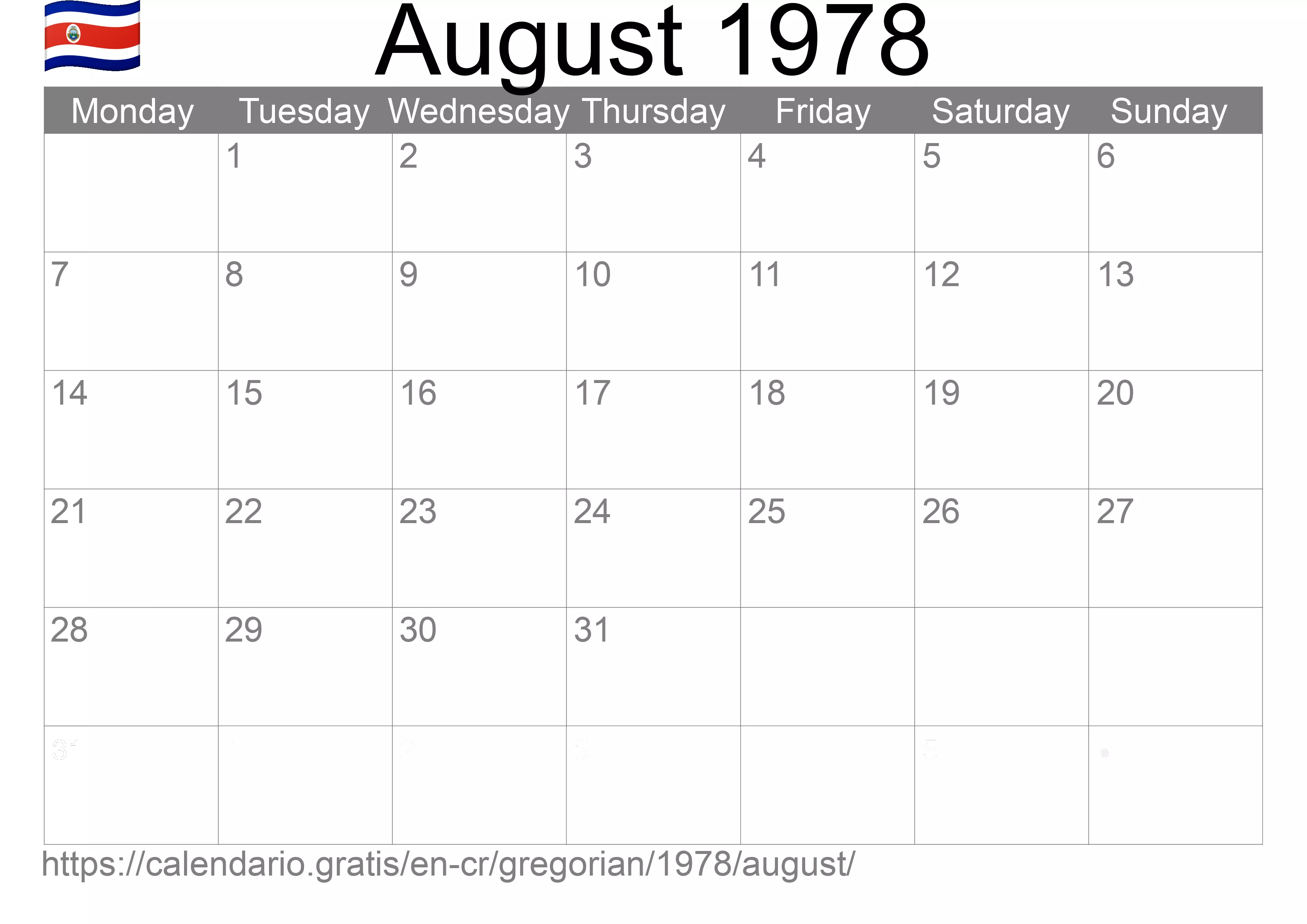 Calendar August 1978 to print (Costa Rica) Calendar August 1978 to print (Costa Rica)