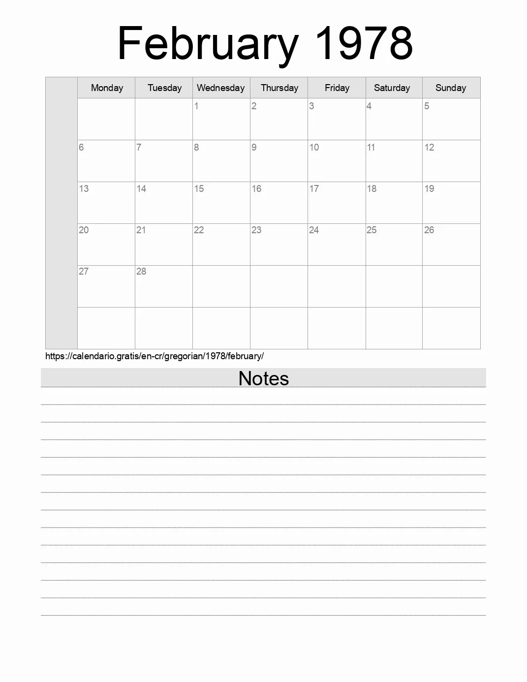 Calendar for printing with notes for 1978 February . (Costa Rica) Calendar for printing with notes for 1978 February . (Costa Rica)