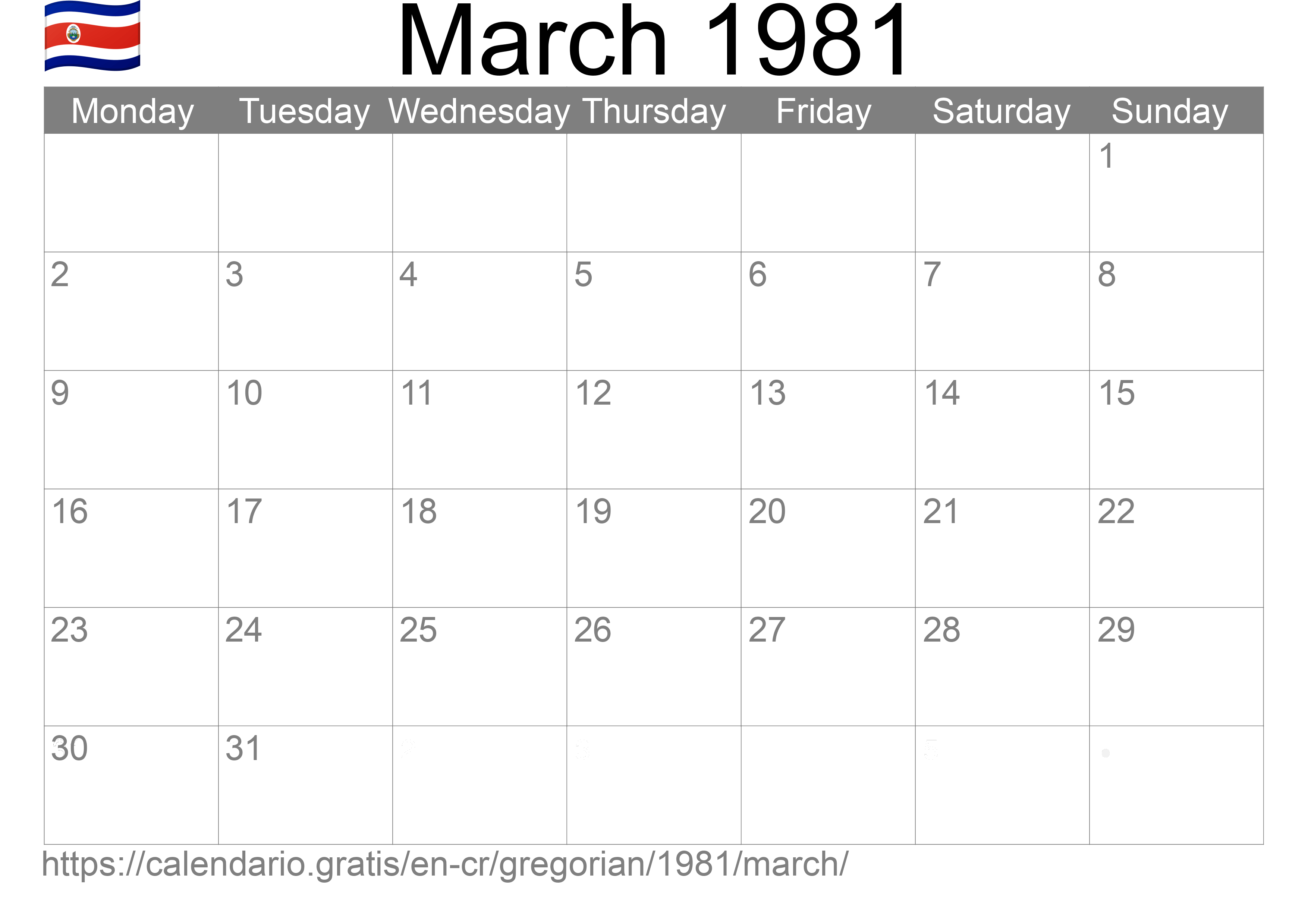 Calendar March 1981 to print