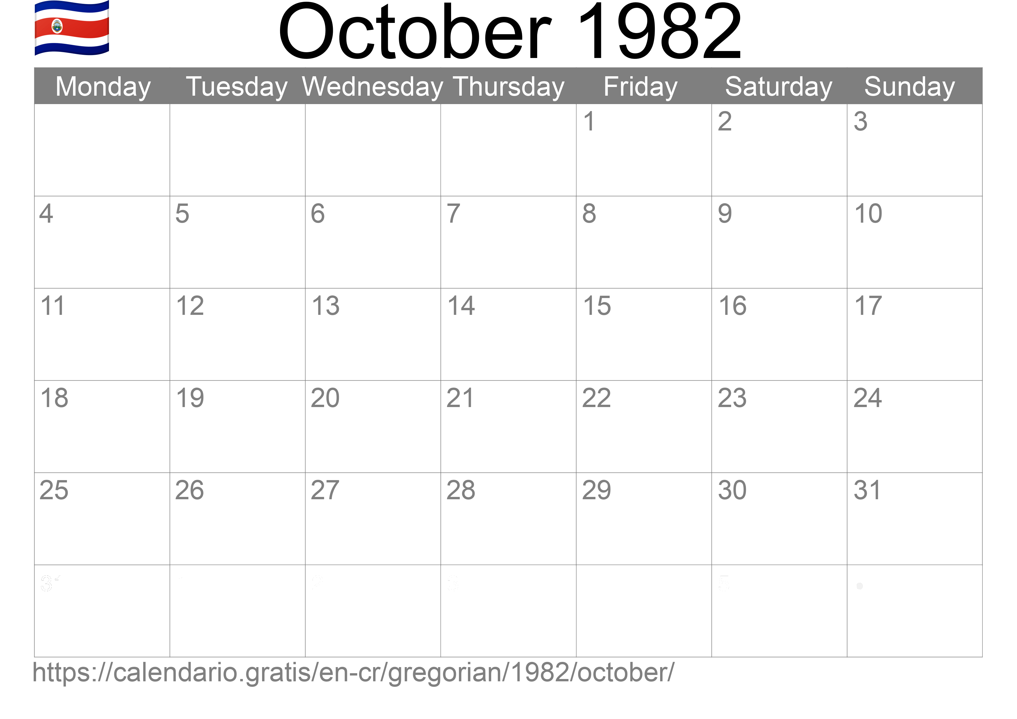 Calendar October 1982 to print