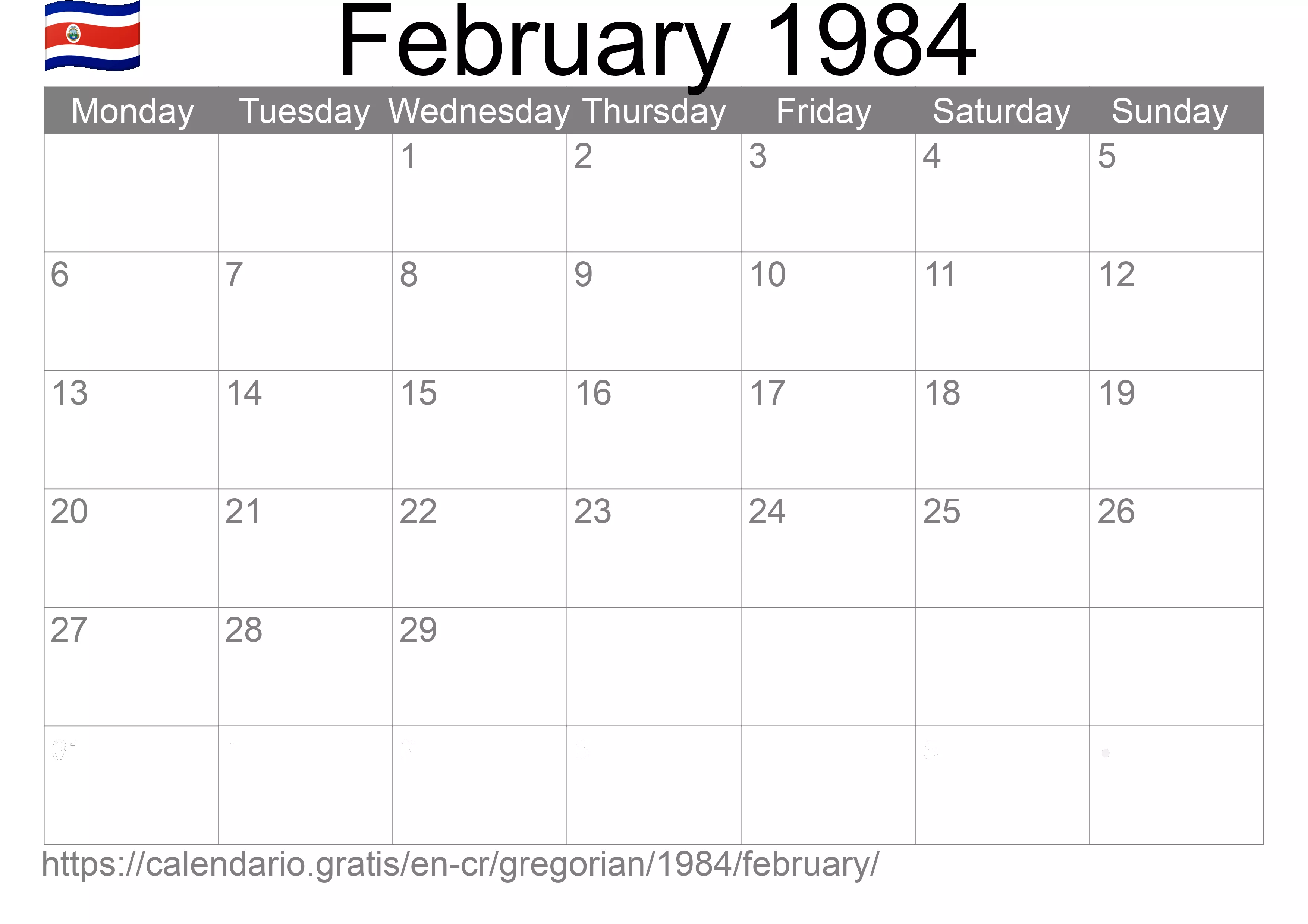 Calendar February 1984 to print (Costa Rica) Calendar February 1984 to print (Costa Rica)