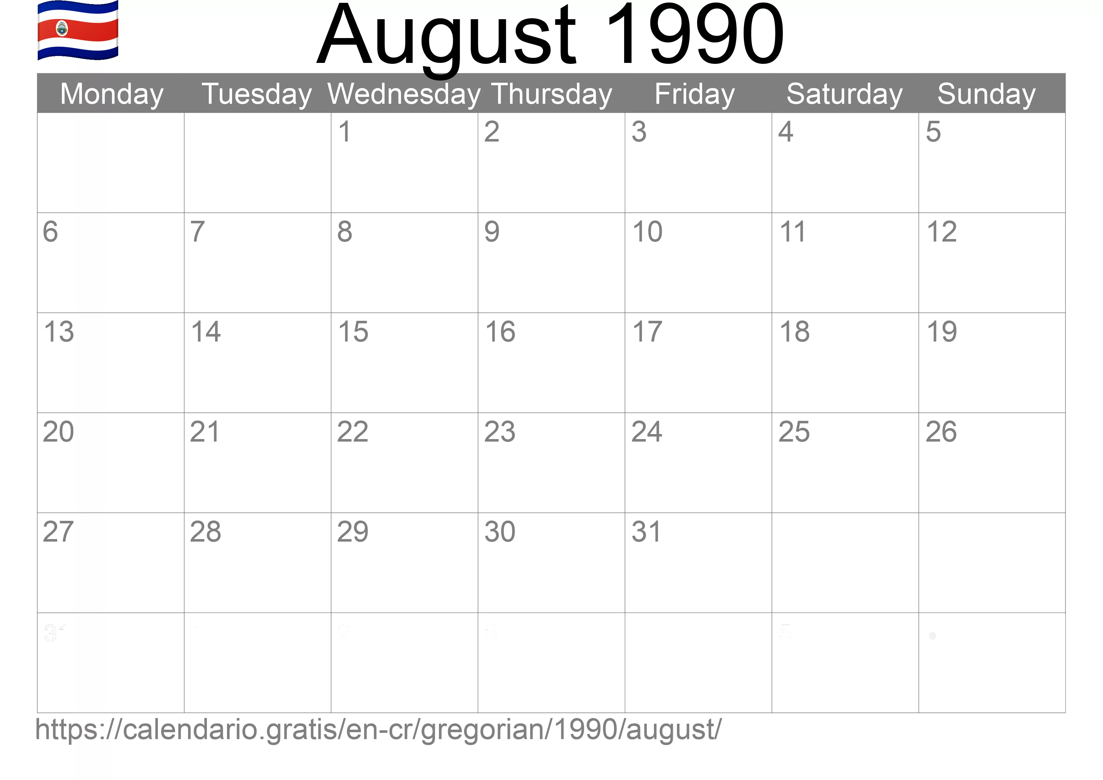 Calendar August 1990 to print (Costa Rica) Calendar August 1990 to print (Costa Rica)