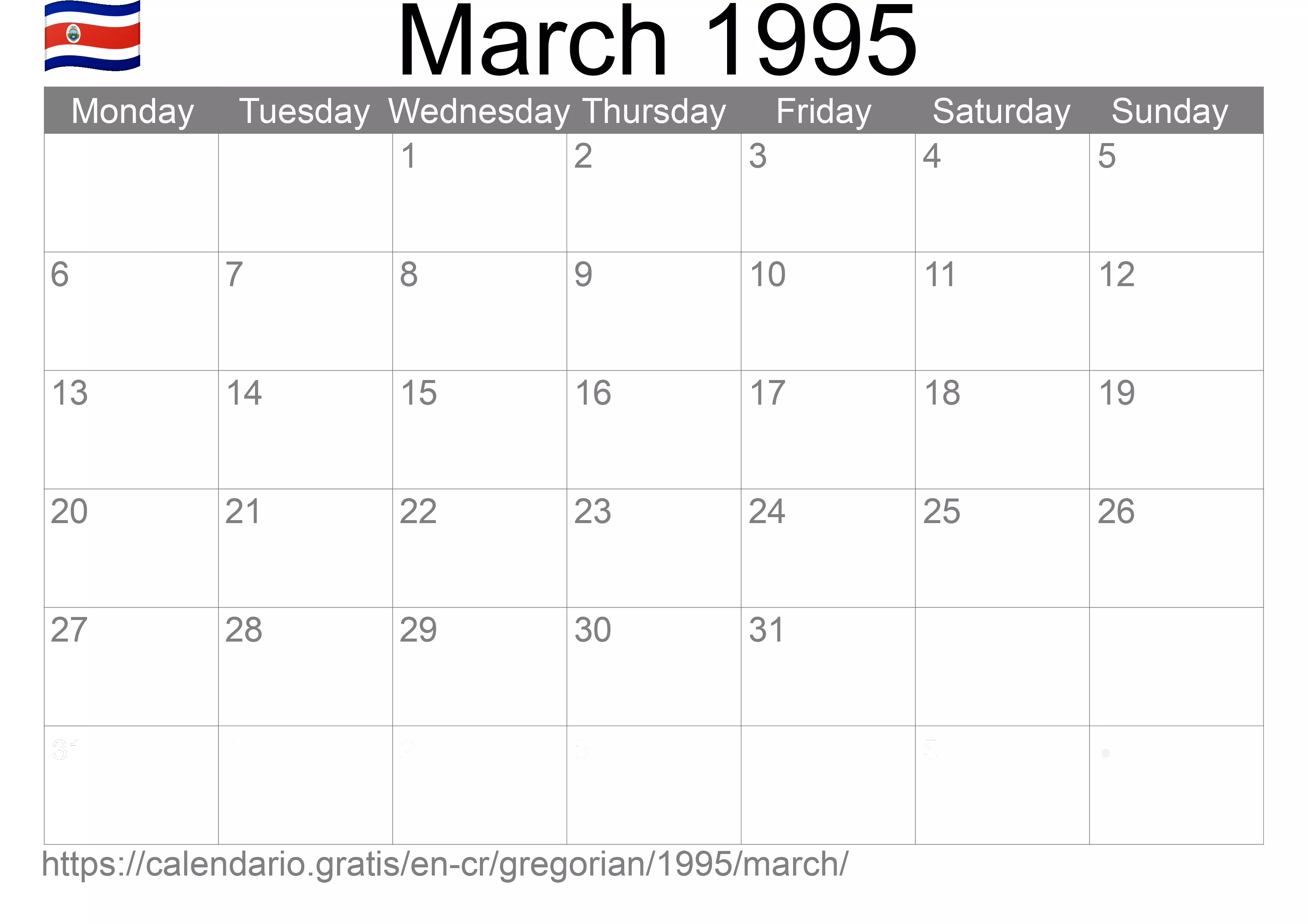 Calendar March 1995 to print (Costa Rica)