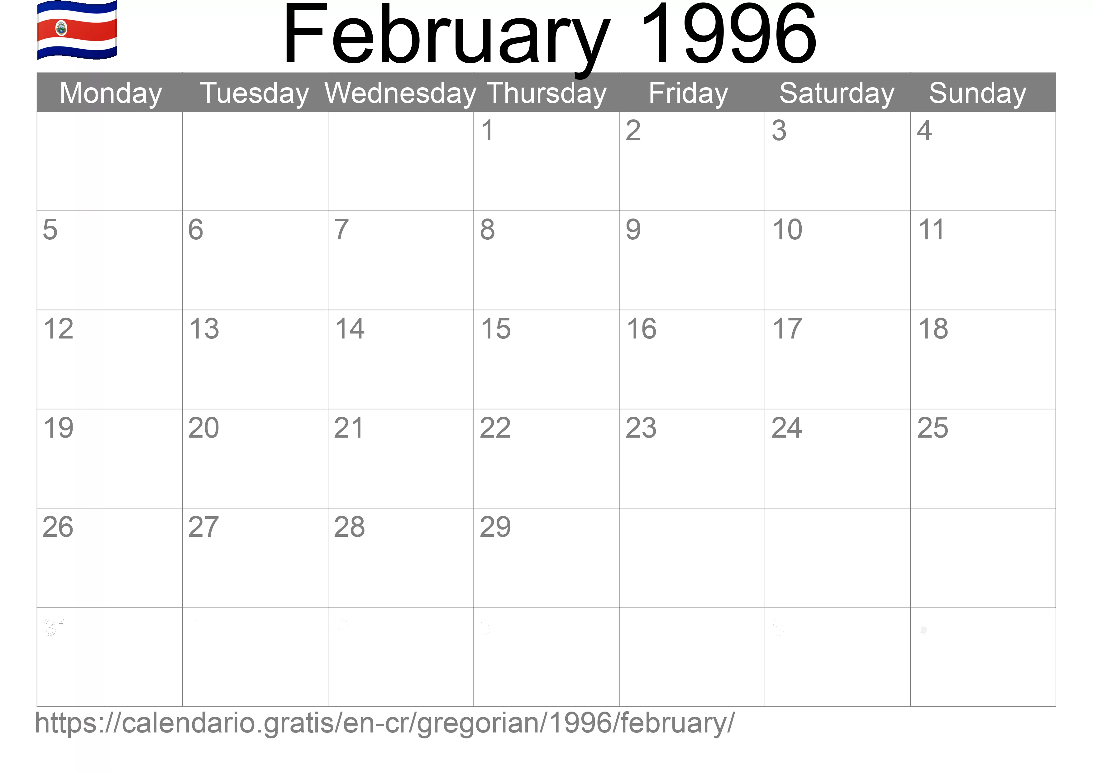 Calendar February 1996 to print (Costa Rica) Calendar February 1996 to print (Costa Rica)