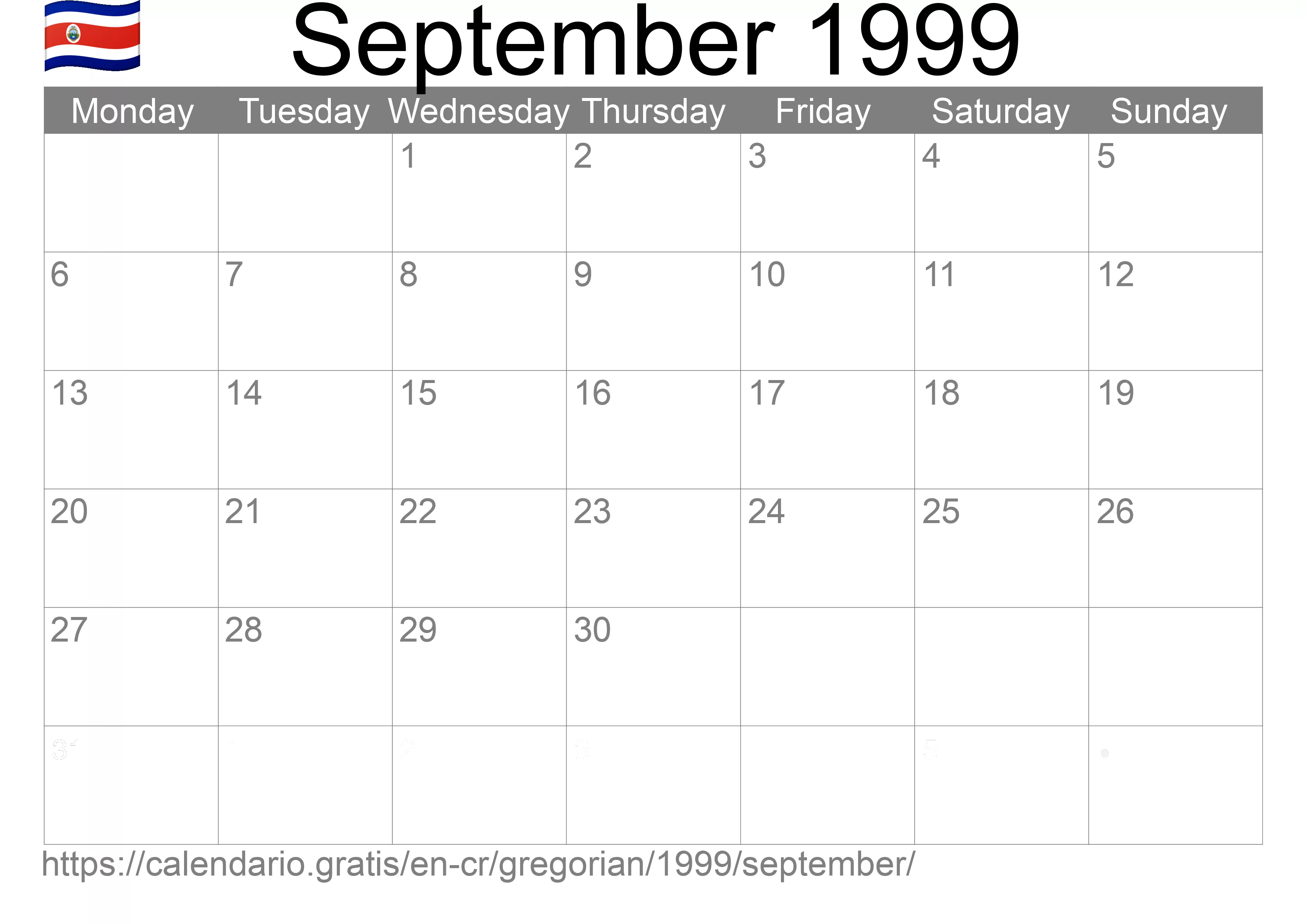 Calendar September 1999 to print (Costa Rica)