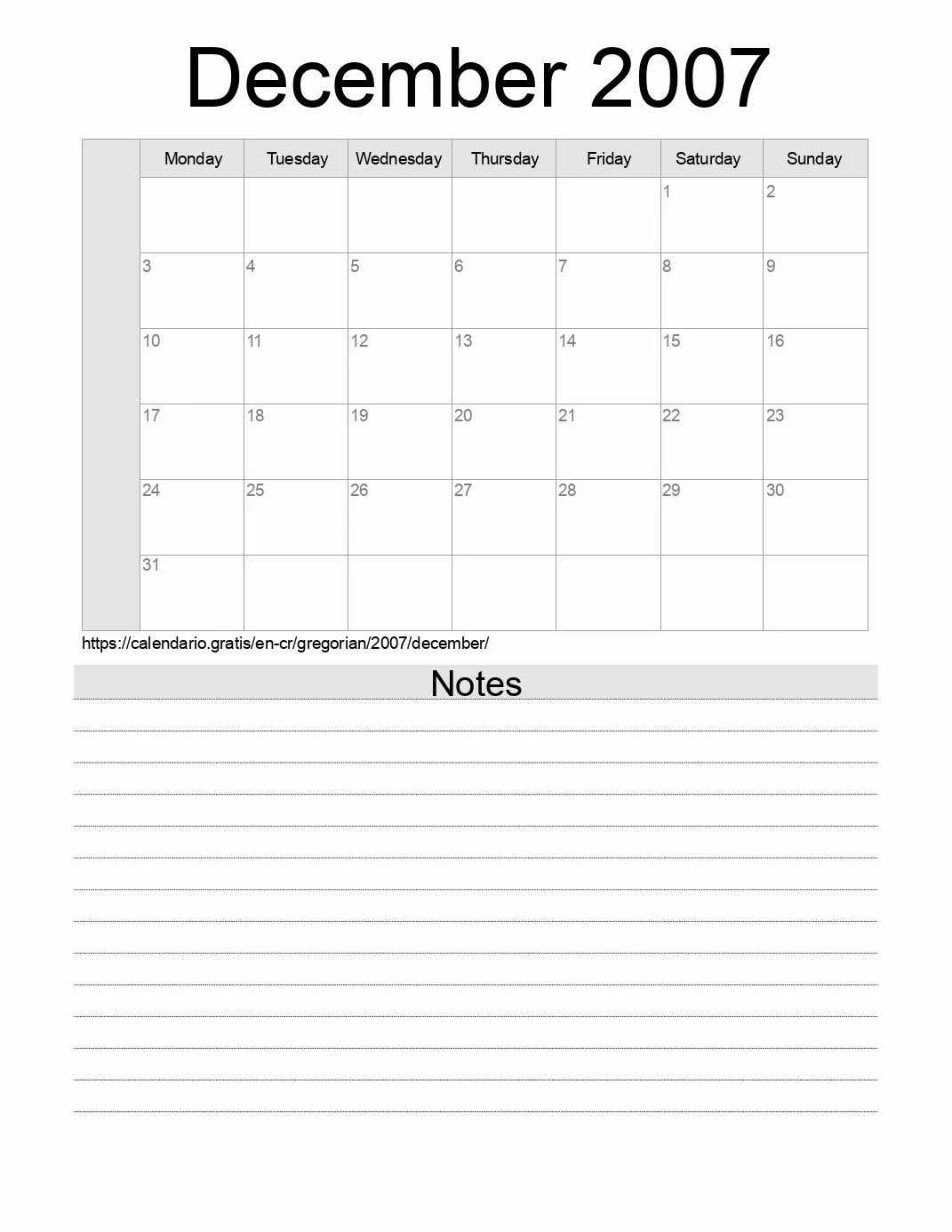 Calendar for printing with notes for 2007 December . (Costa Rica)