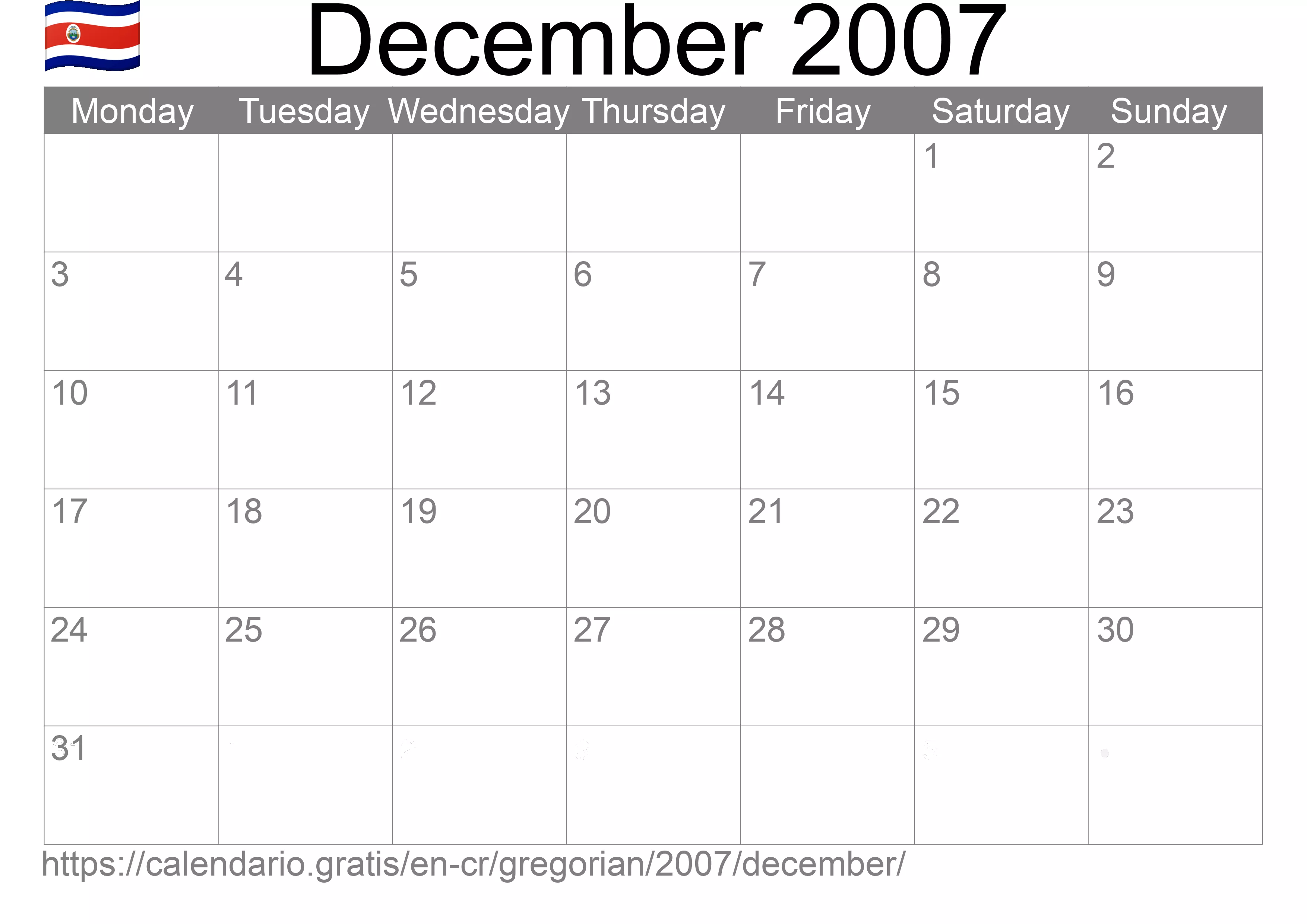 Calendar December 2007 to print (Costa Rica)