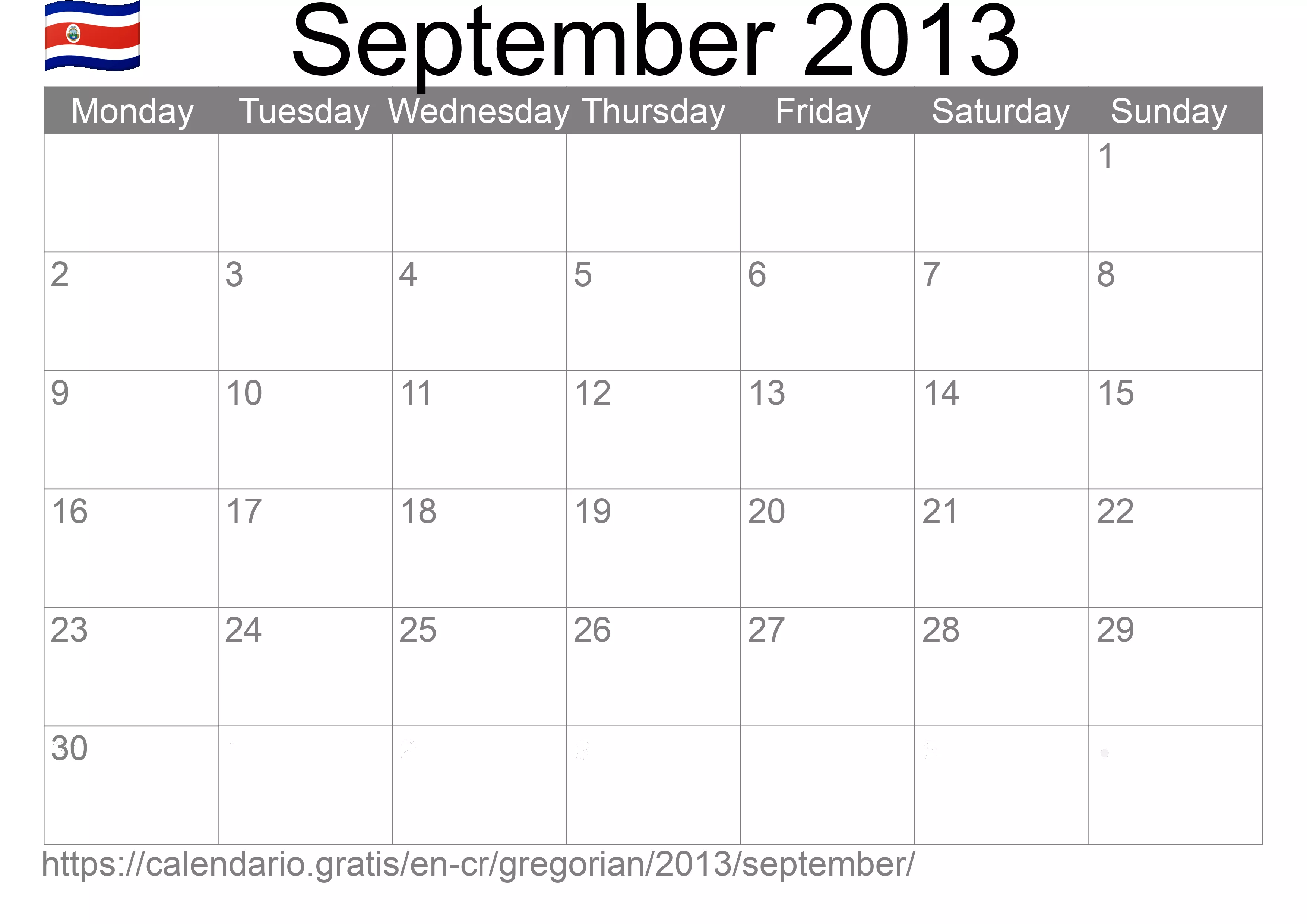 Calendar September 2013 to print (Costa Rica)