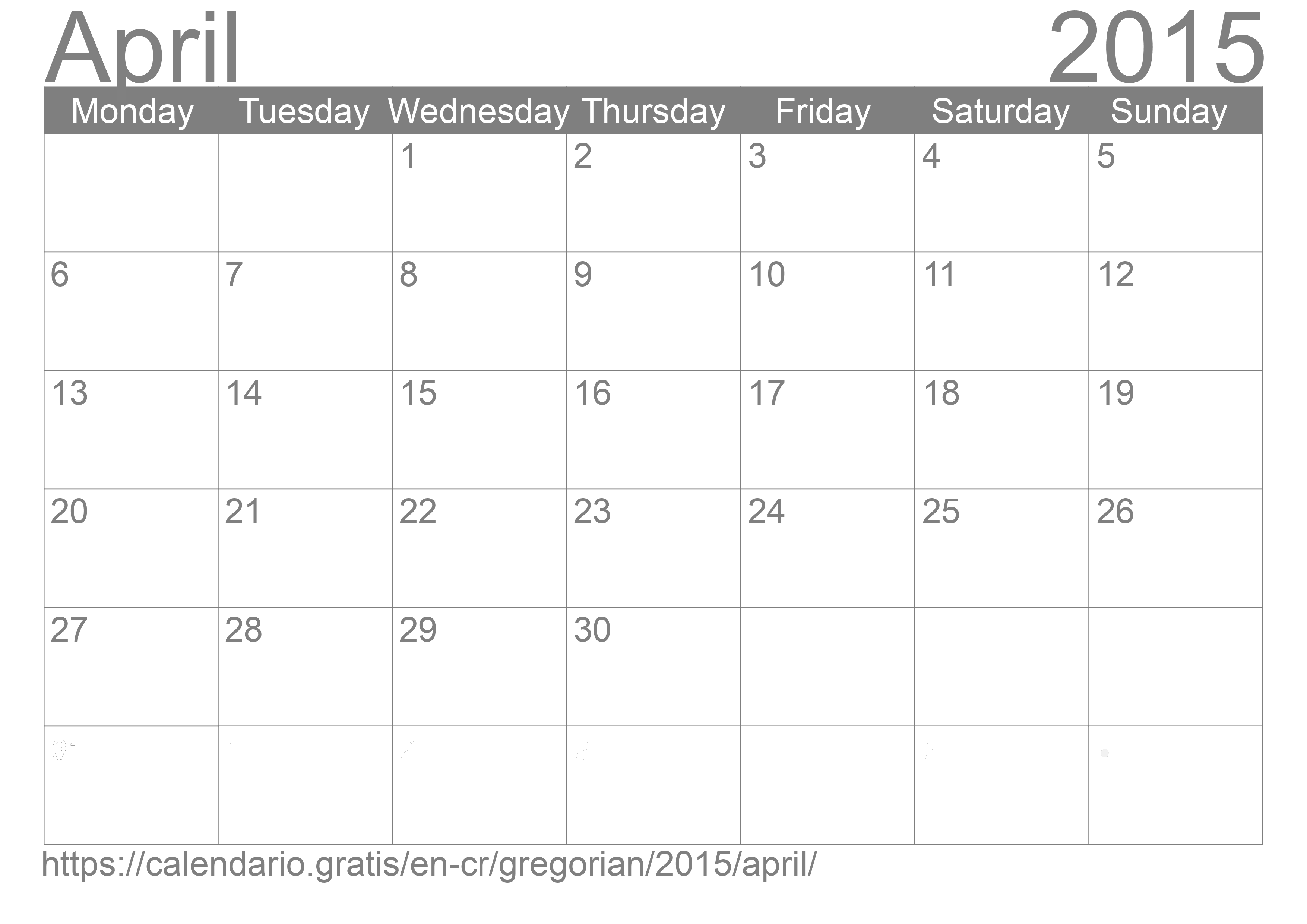 Calendar April 2015 to print