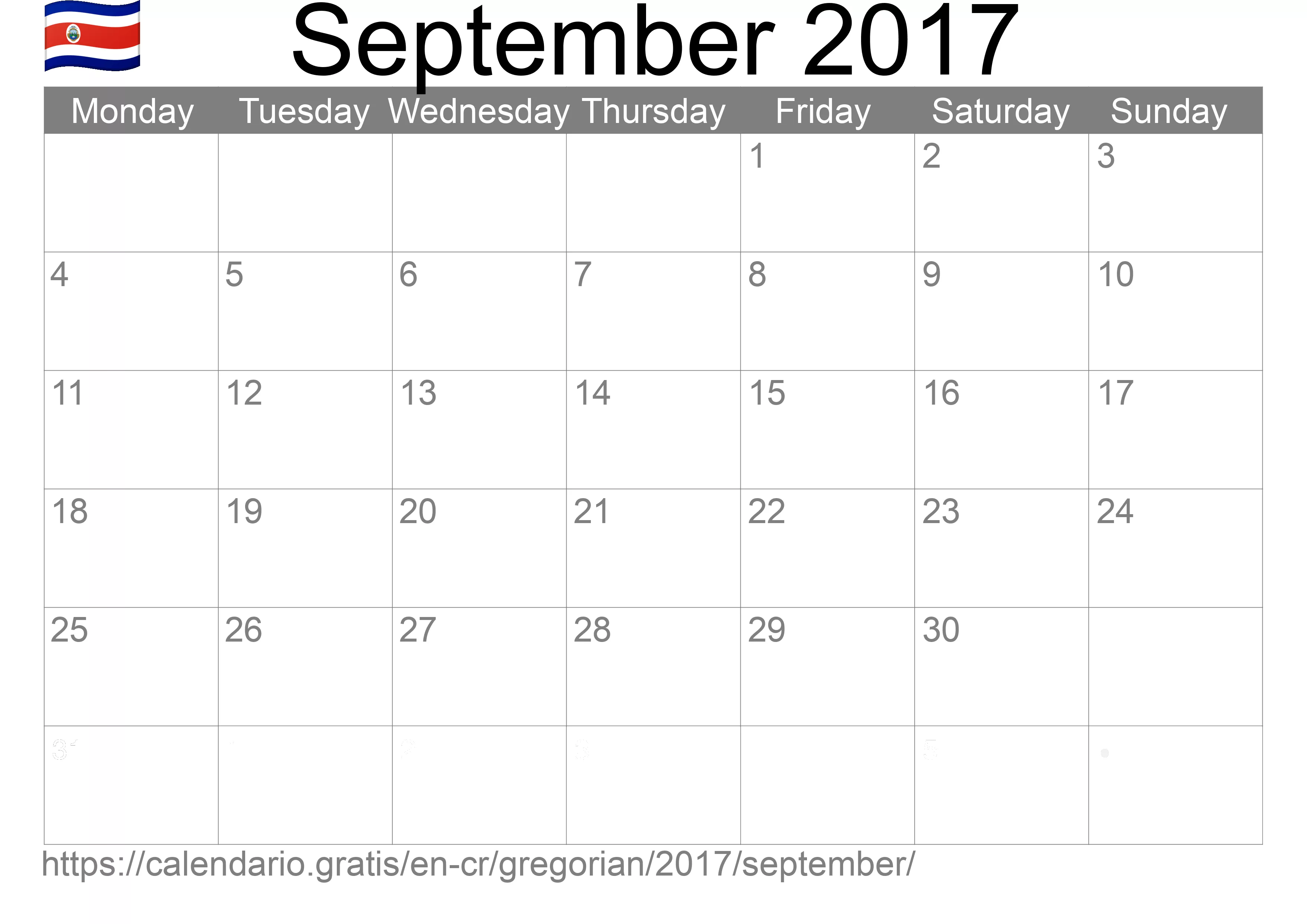 Calendar September 2017 to print (Costa Rica)