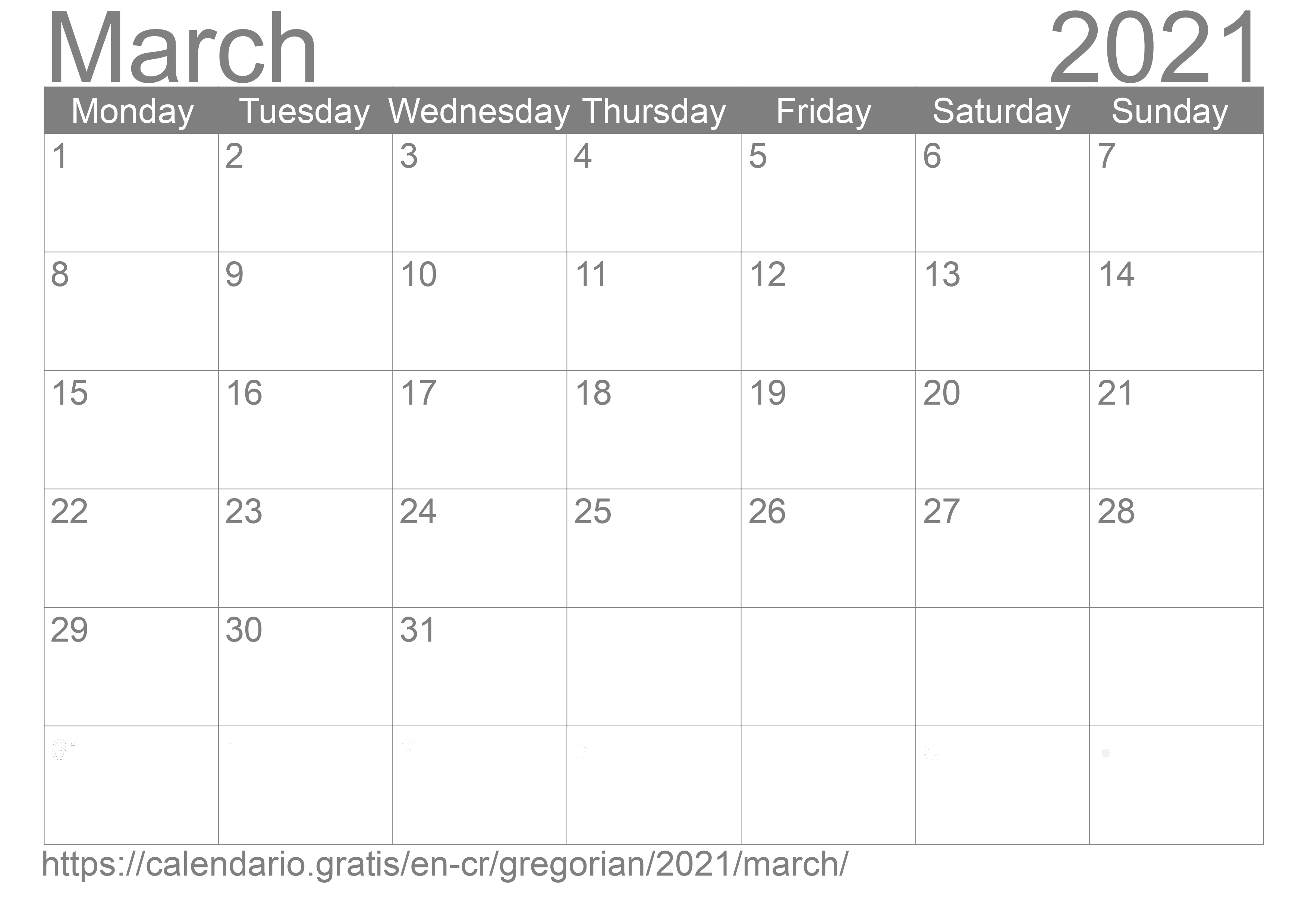 Calendar March 2021 to print