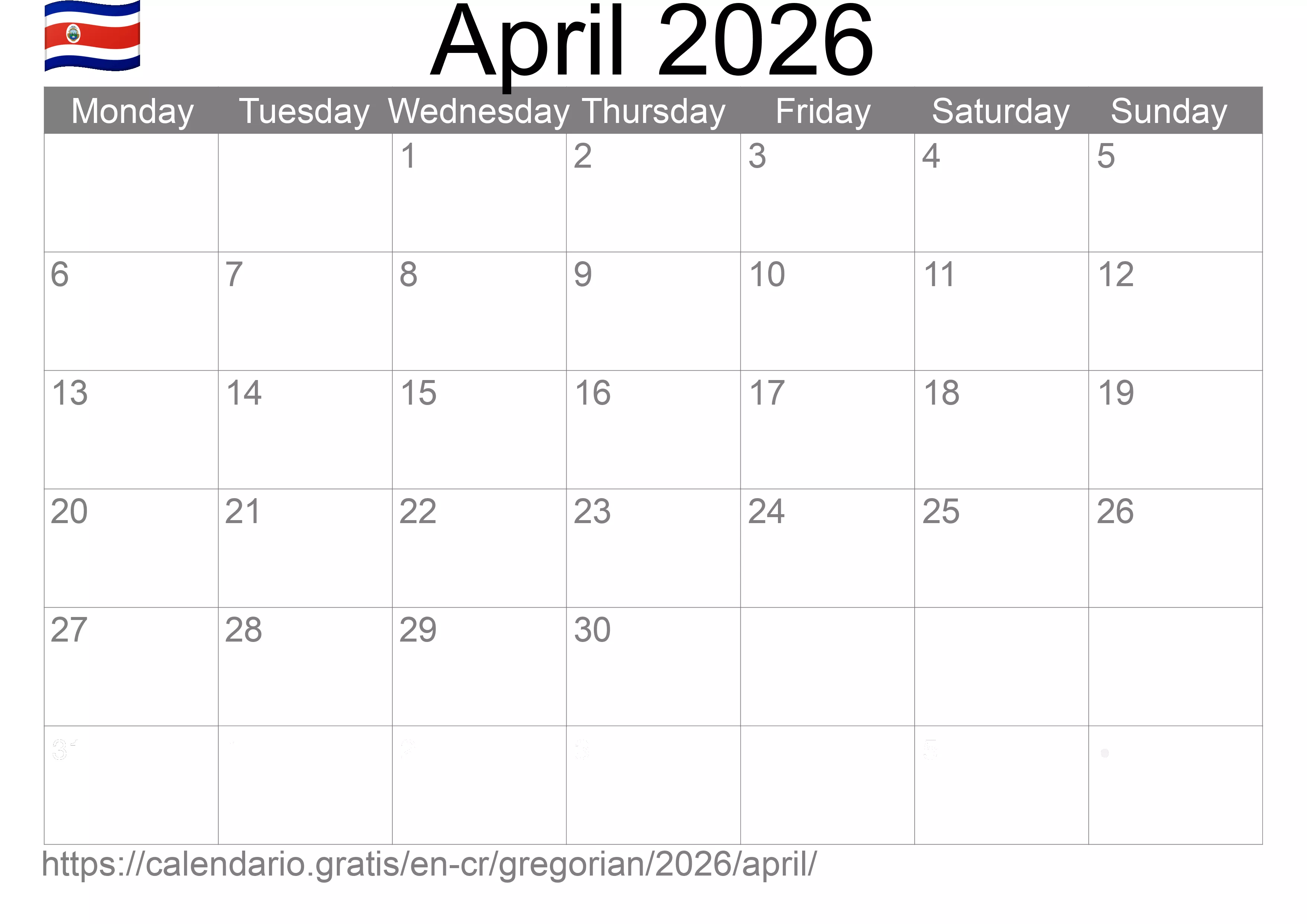 Calendar April 2026 to print (Costa Rica) Calendar April 2026 to print (Costa Rica)