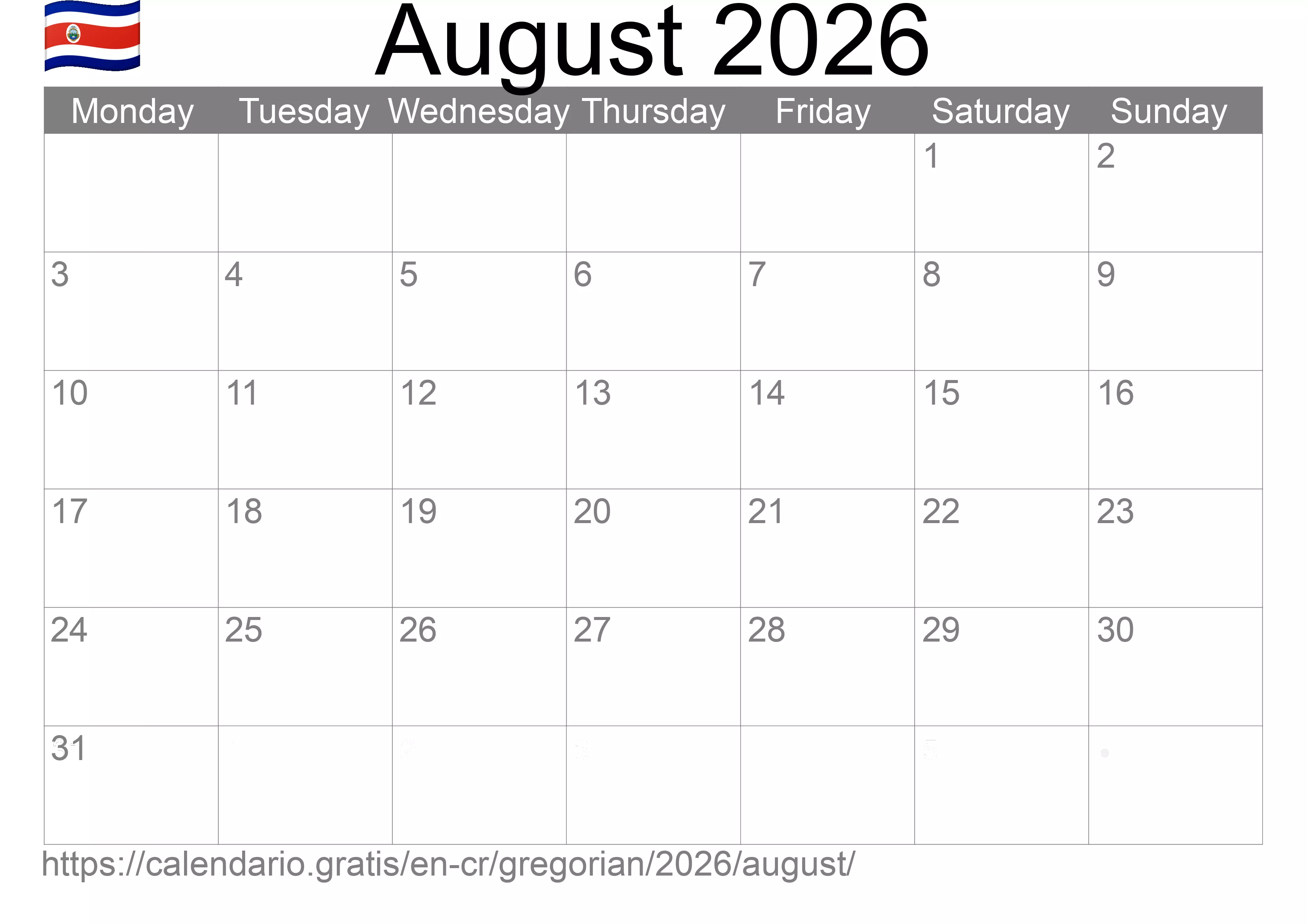 Calendar August 2026 to print (Costa Rica) Calendar August 2026 to print (Costa Rica)