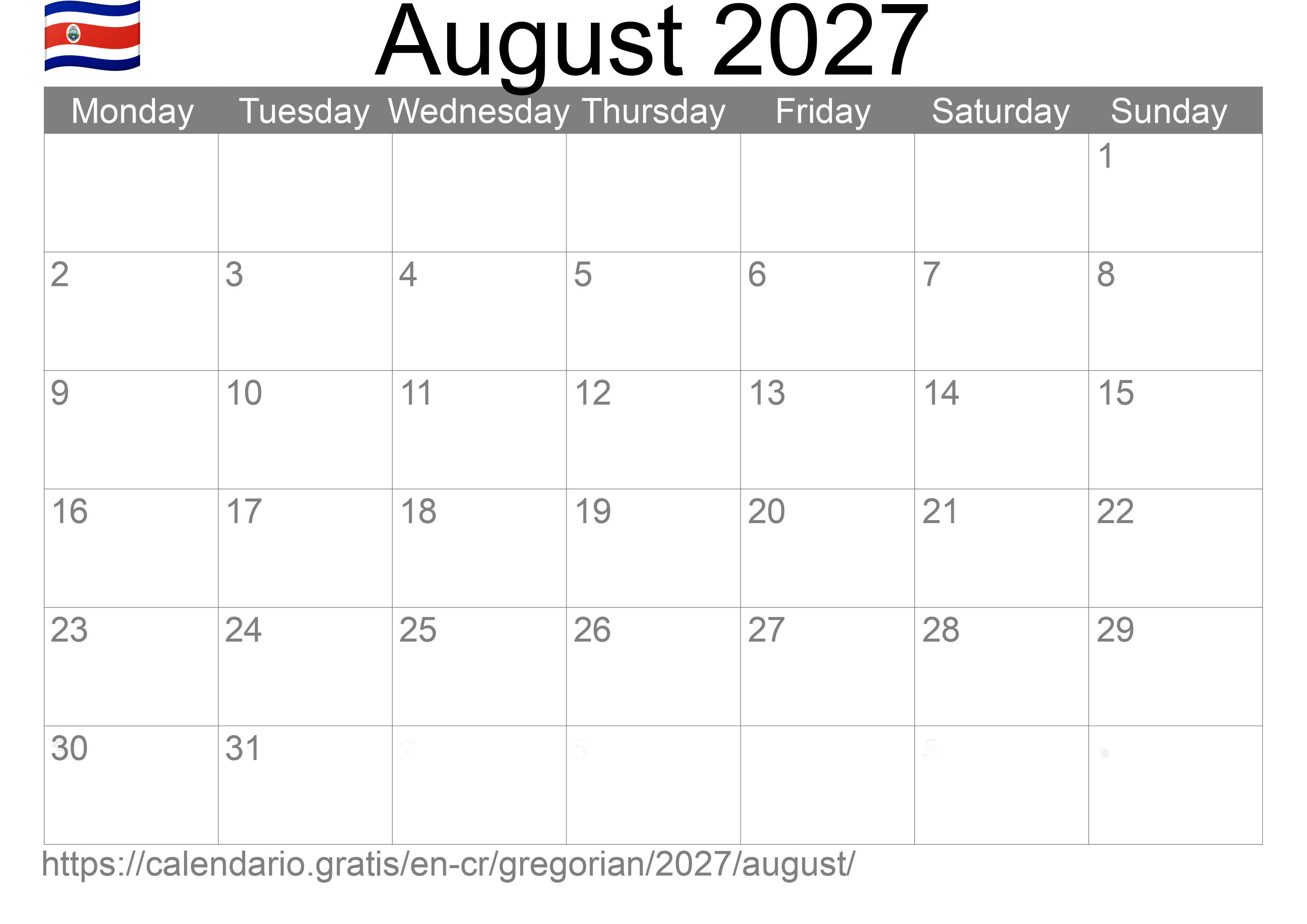 Calendar August 2027 to print