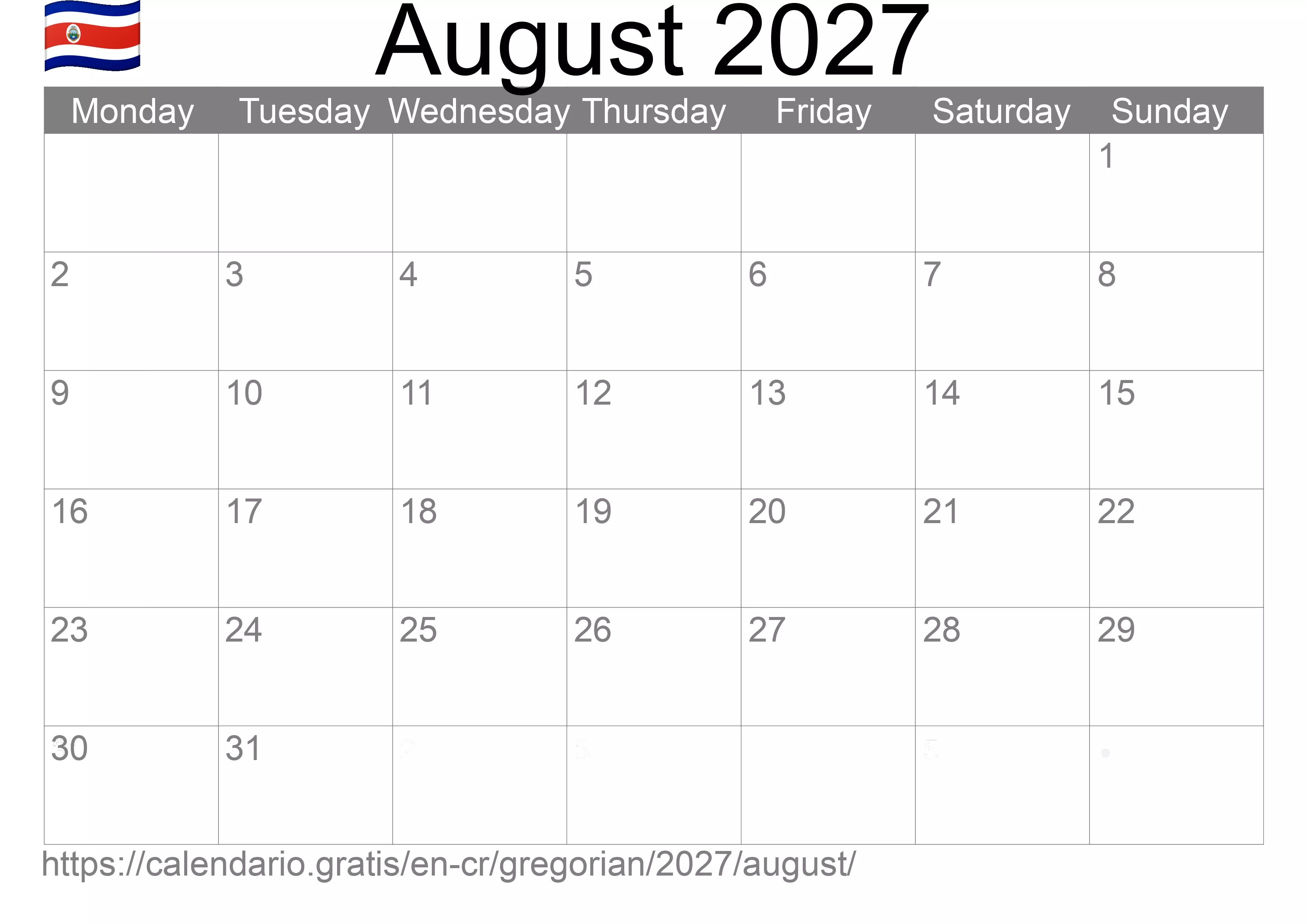 Calendar August 2027 to print (Costa Rica) Calendar August 2027 to print (Costa Rica)