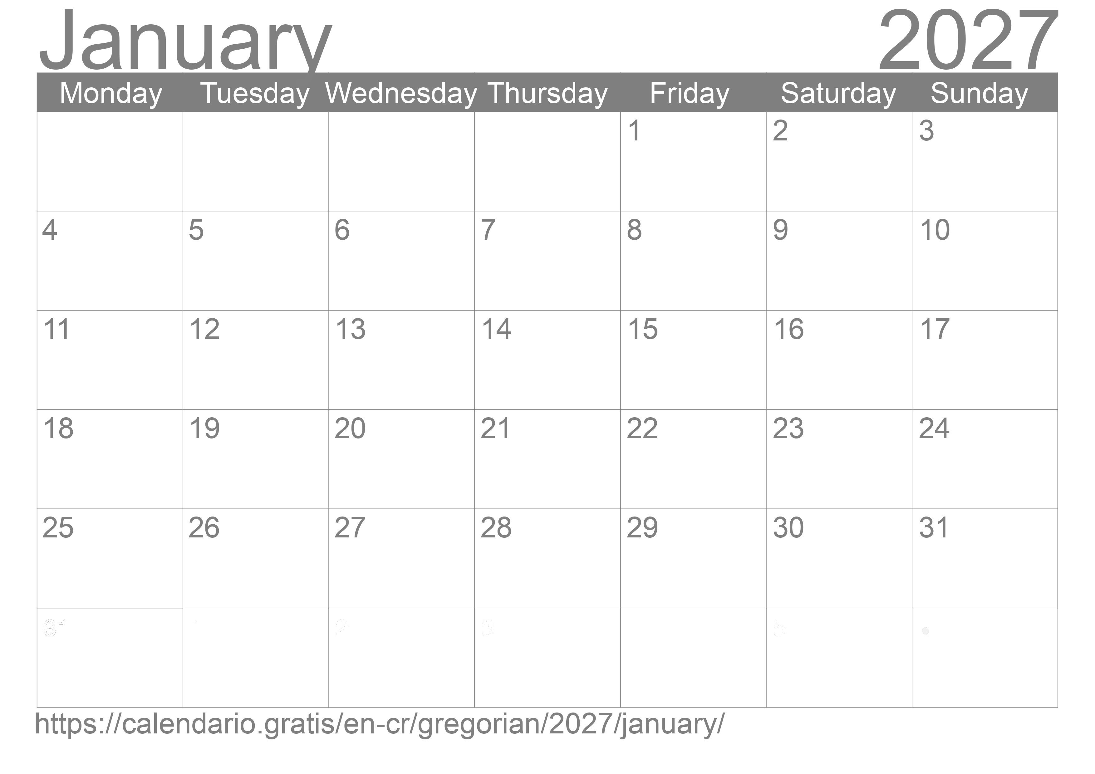 Calendar January 2027 to print