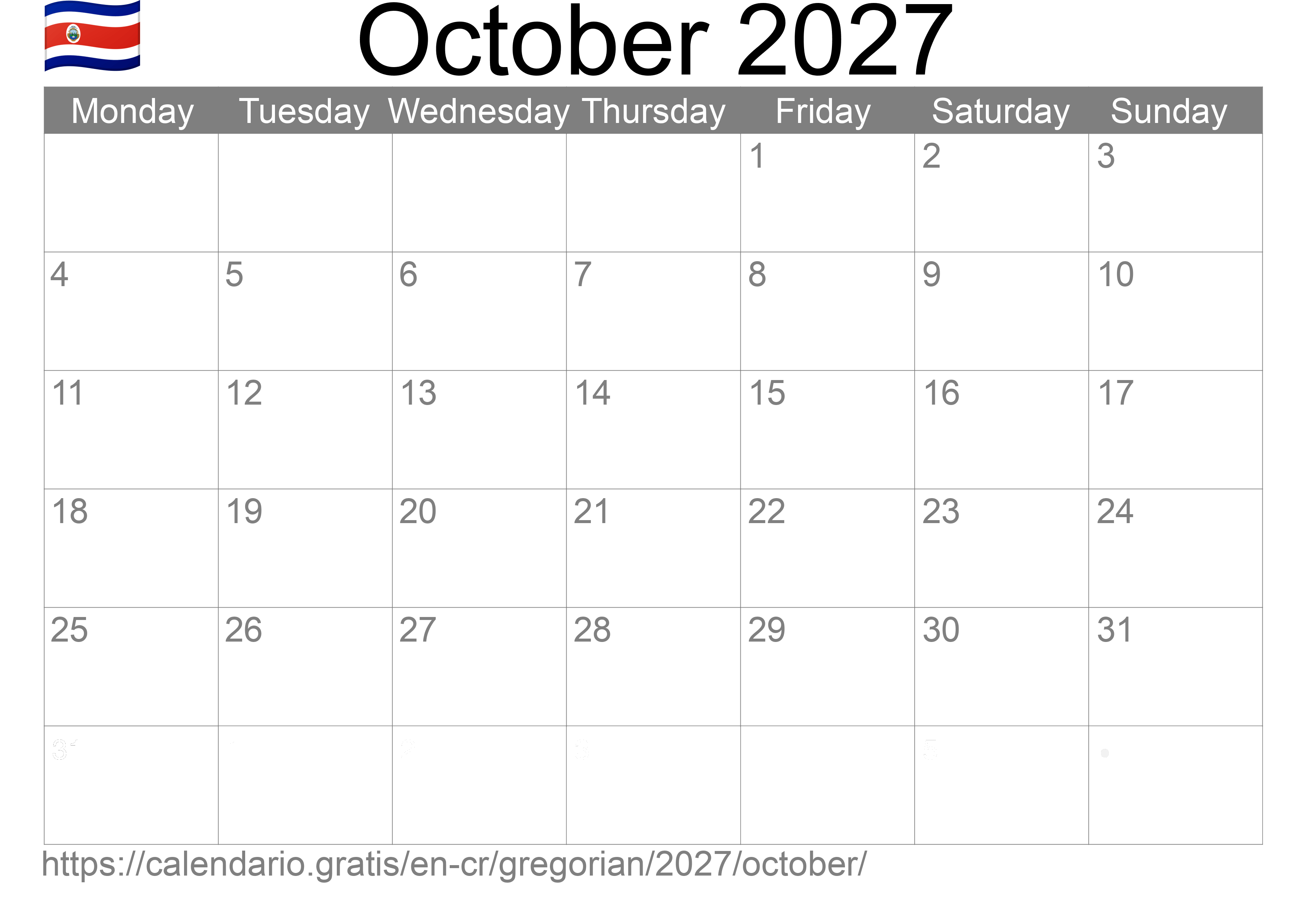 Calendar October 2027 to print