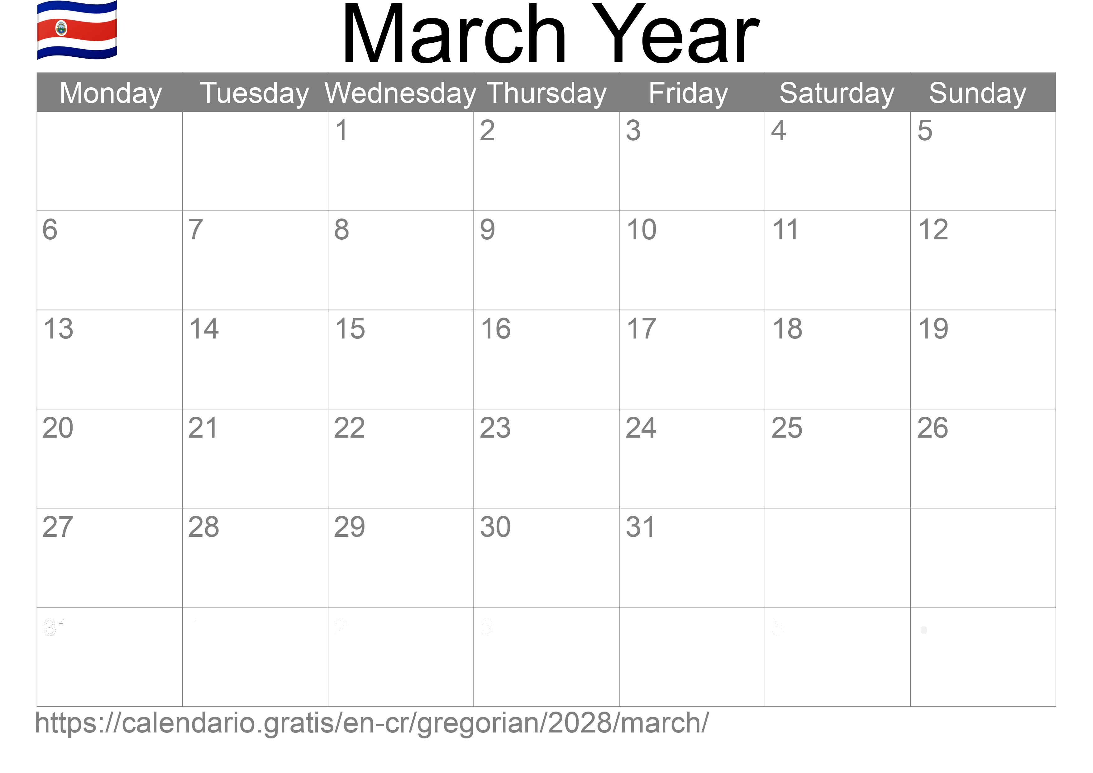 Calendar March 2028 to print