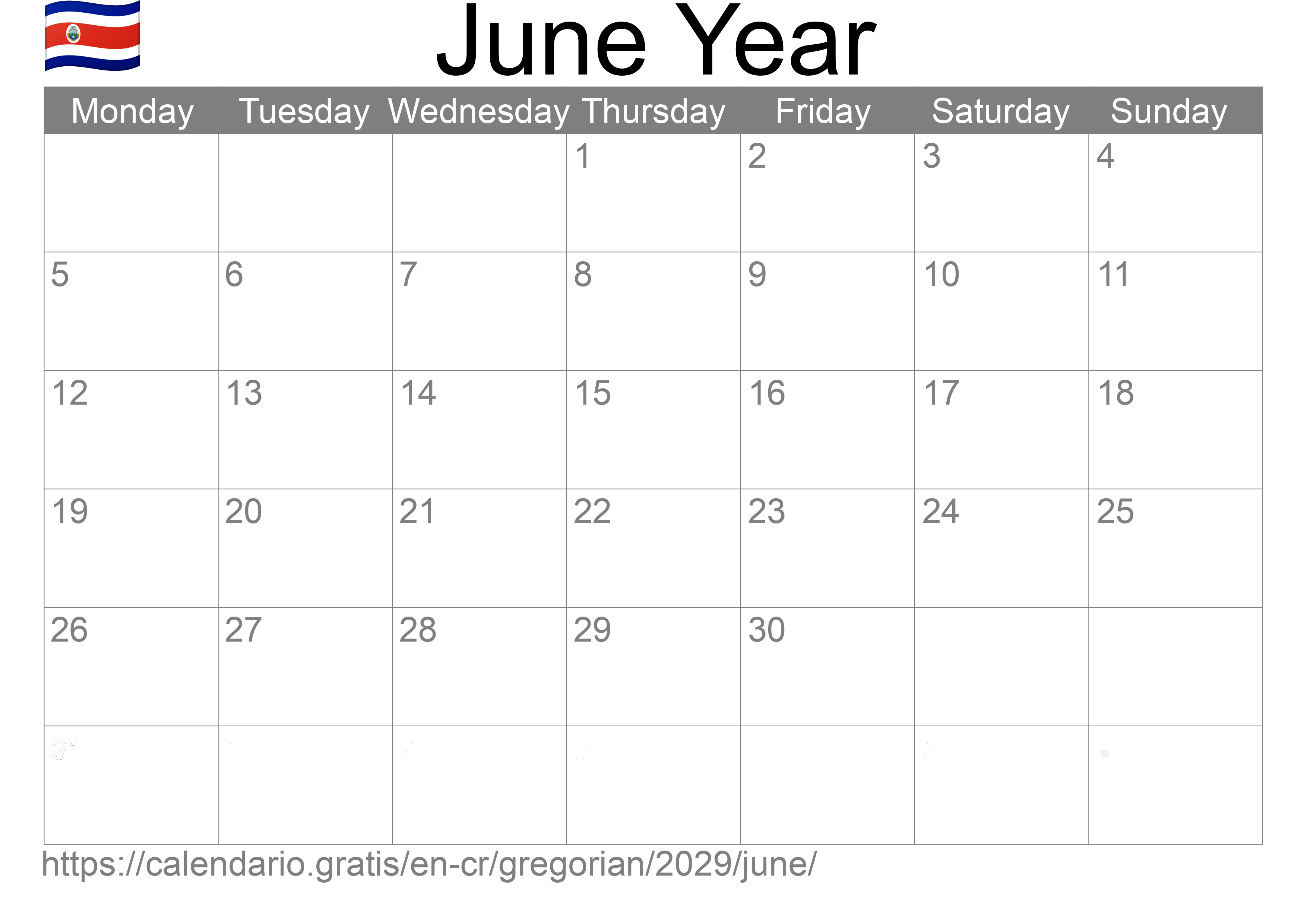 Calendar June 2029 to print